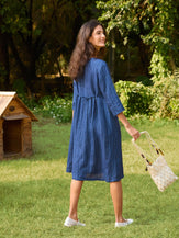 100% Linen Striped A-Line Midi Dress with Belt JULIET - DRESSES-Linen