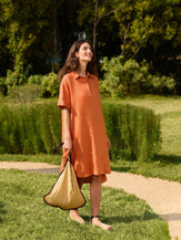 100% Linen Short Sleeve Button-Deco Shirt Dress DORIS - DRESSES-Linen Midi