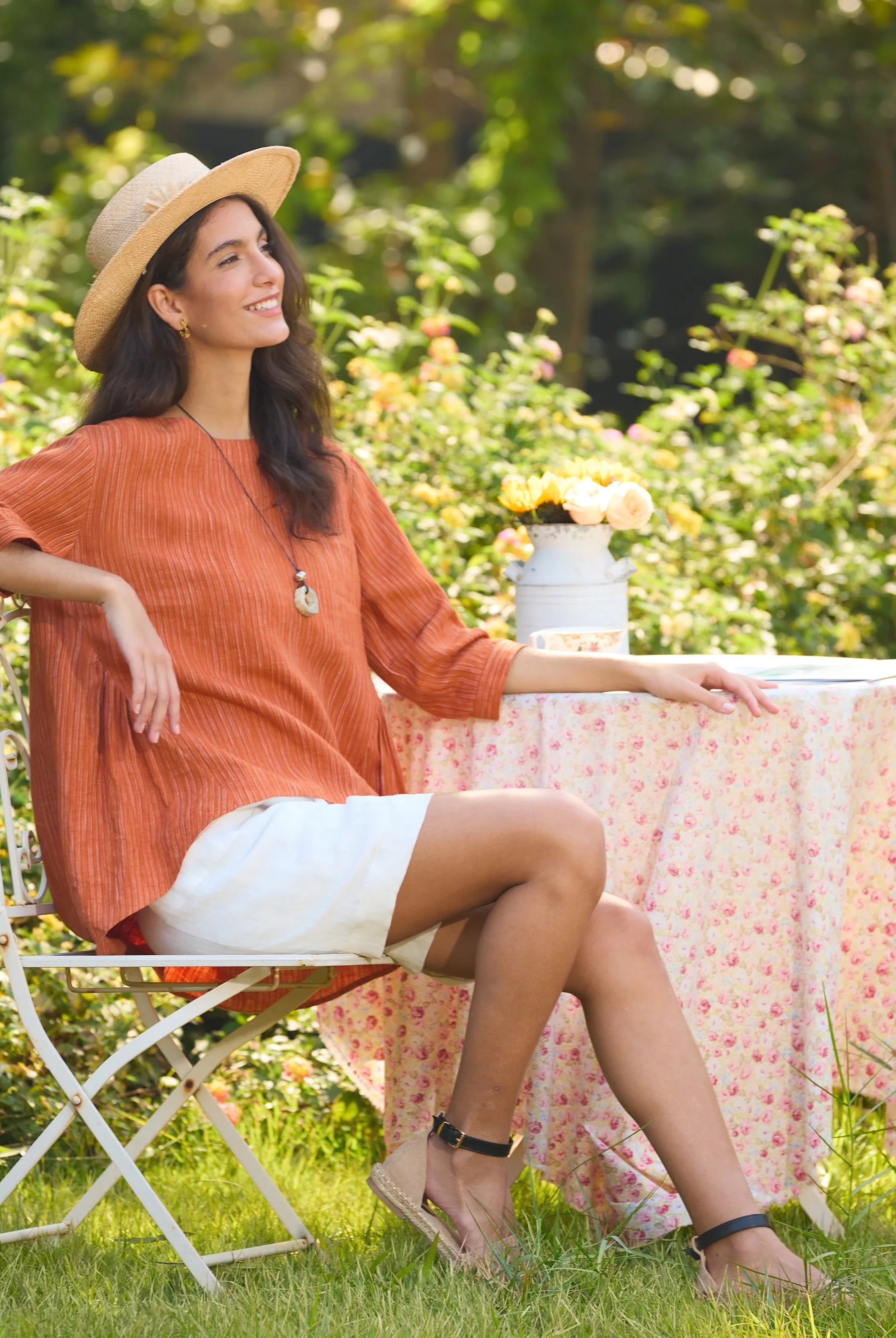 100% Linen Round Neck Artistic Stripe Top - TOPS-Linen Blouses