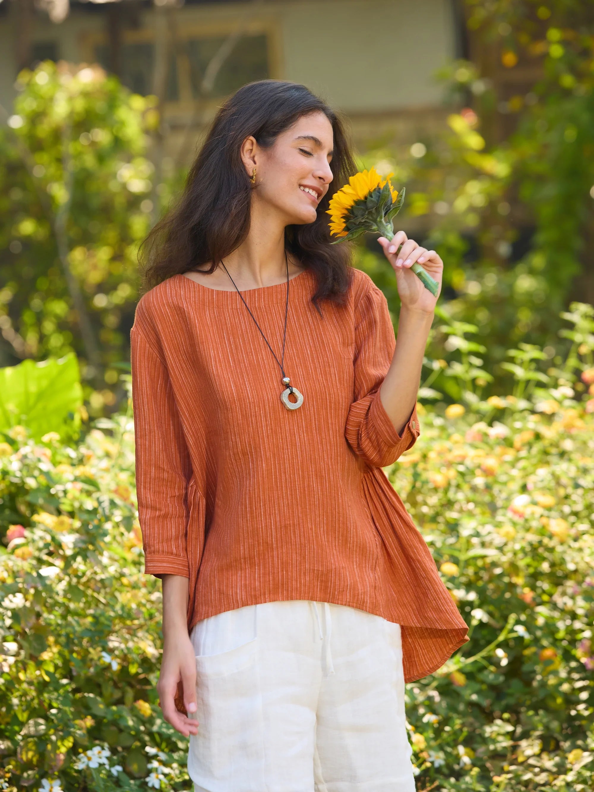 100% Linen Round Neck Artistic Stripe Top - TOPS-Linen Blouses