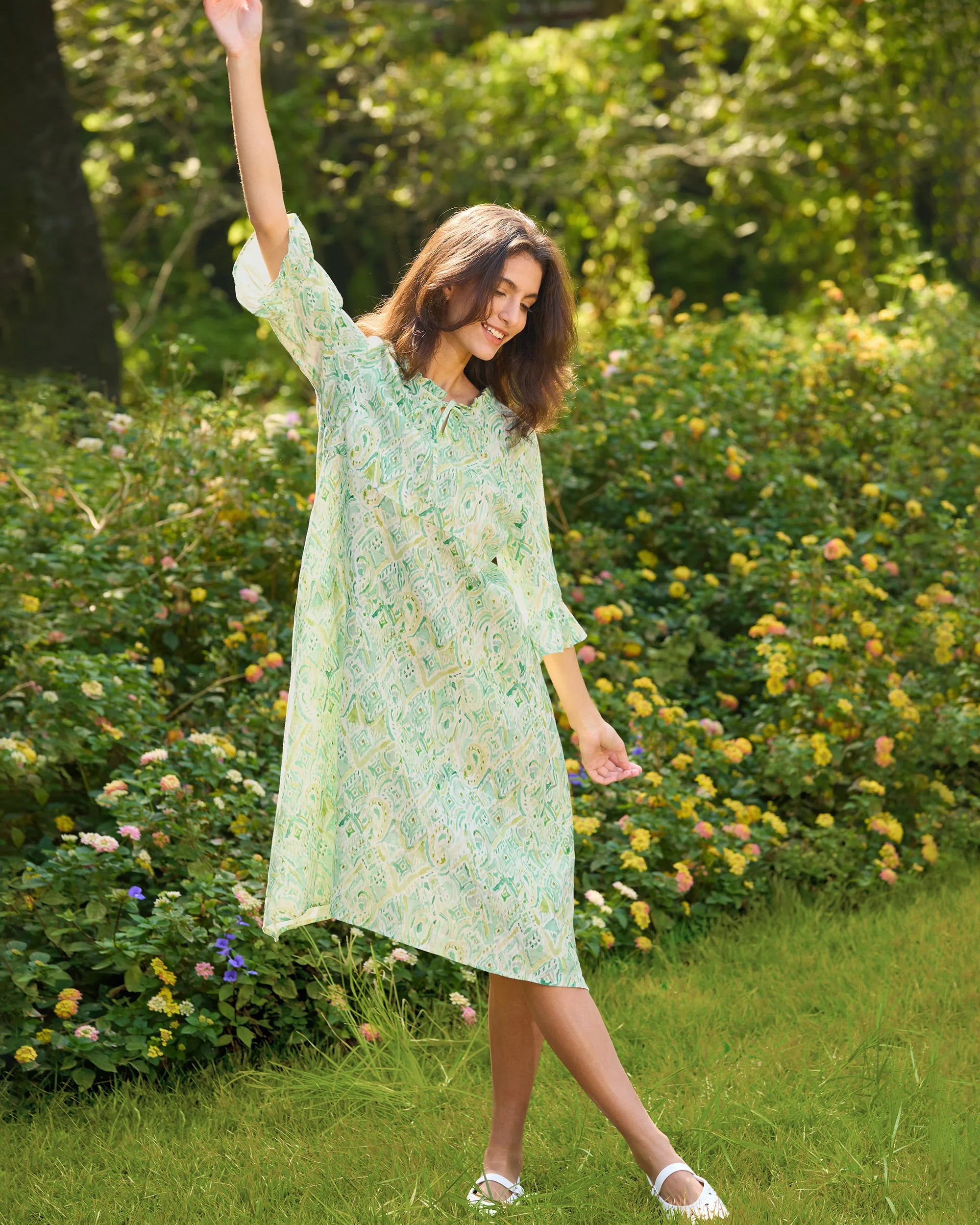 100% Linen A-Line Ruffled Collar Tie-Neck Midi Dress LIVIA - DRESSES-Linen