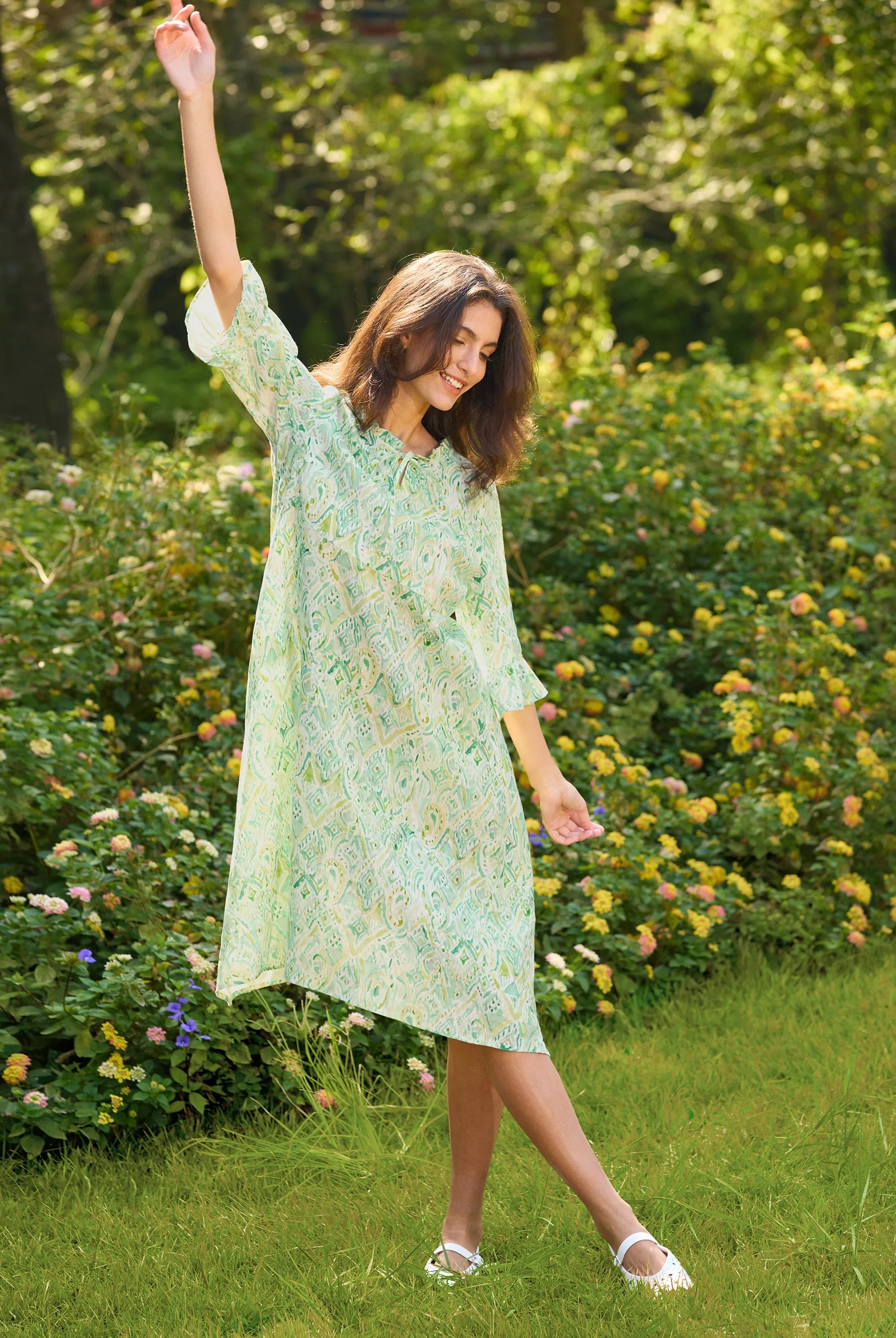 100% Linen A-Line Ruffled Collar Tie-Neck Midi Dress LIVIA - DRESSES-Linen