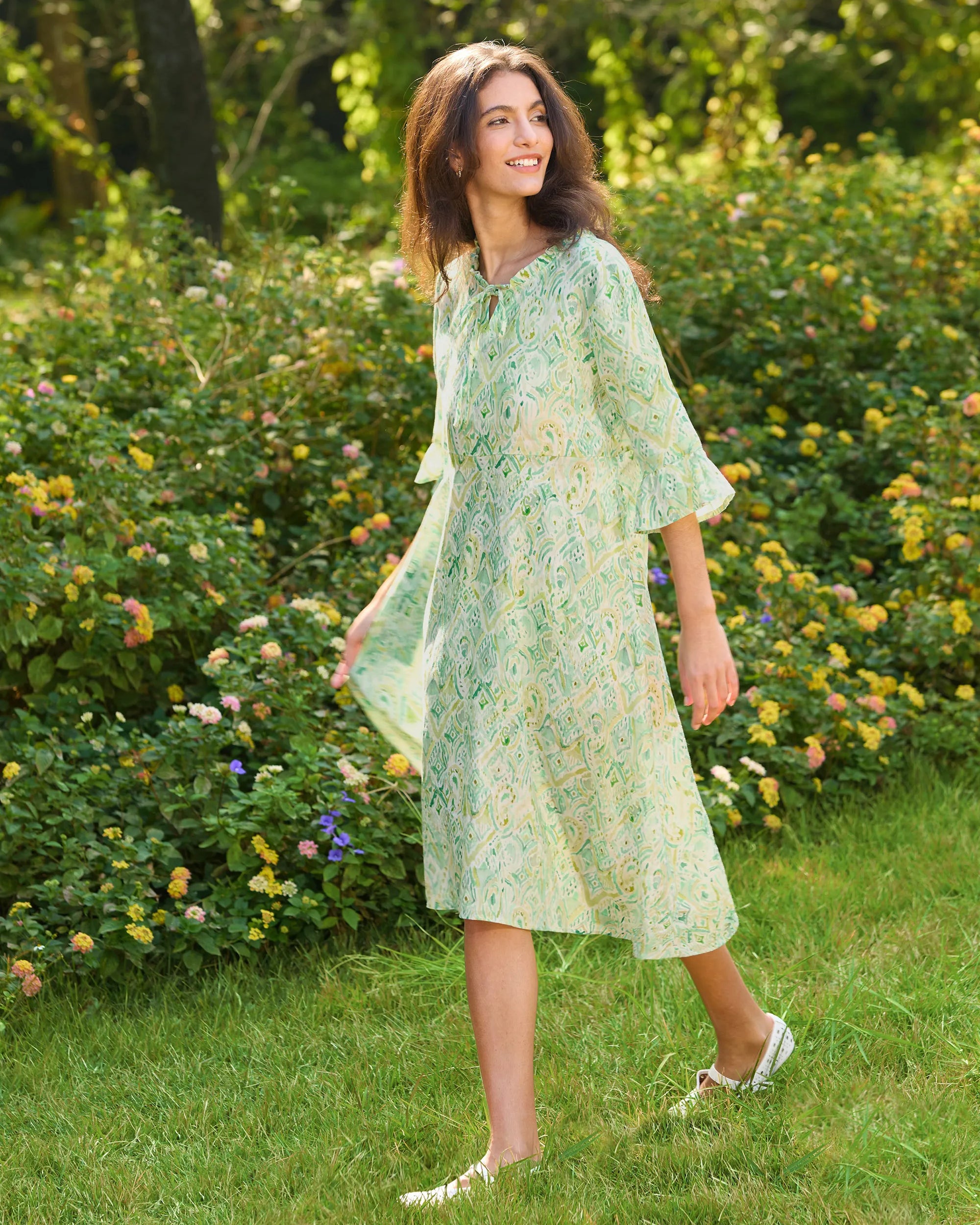 100% Linen A-Line Ruffled Collar Tie-Neck Midi Dress LIVIA - DRESSES-Linen