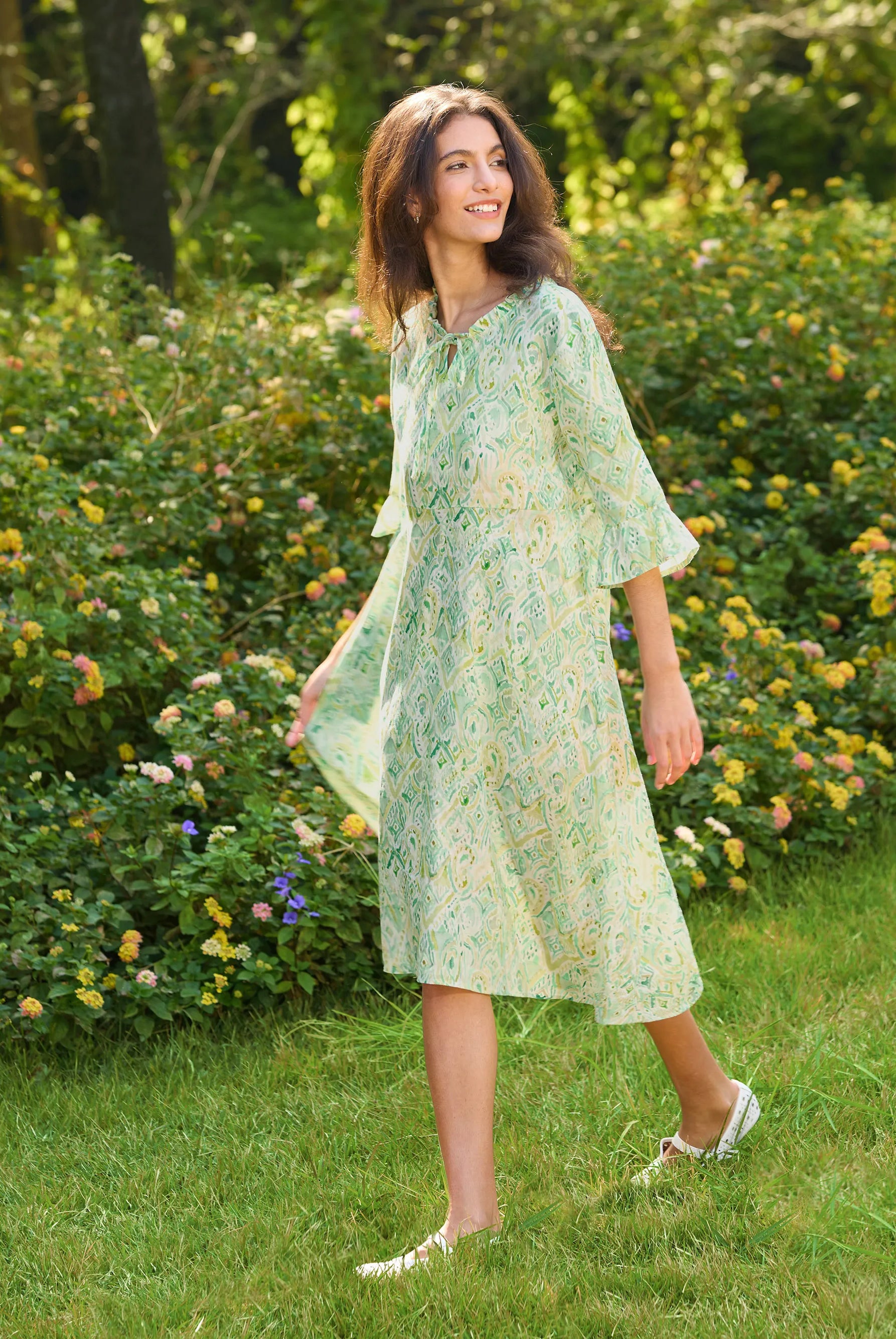 100% Linen A-Line Ruffled Collar Tie-Neck Midi Dress LIVIA - DRESSES-Linen