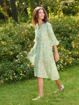 100% Linen A-Line Ruffled Collar Tie-Neck Midi Dress LIVIA - DRESSES-Linen
