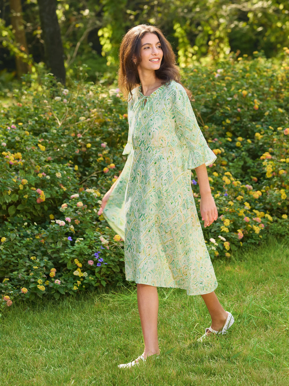 100% Linen A-Line Ruffled Collar Tie-Neck Midi Dress LIVIA - DRESSES-Linen