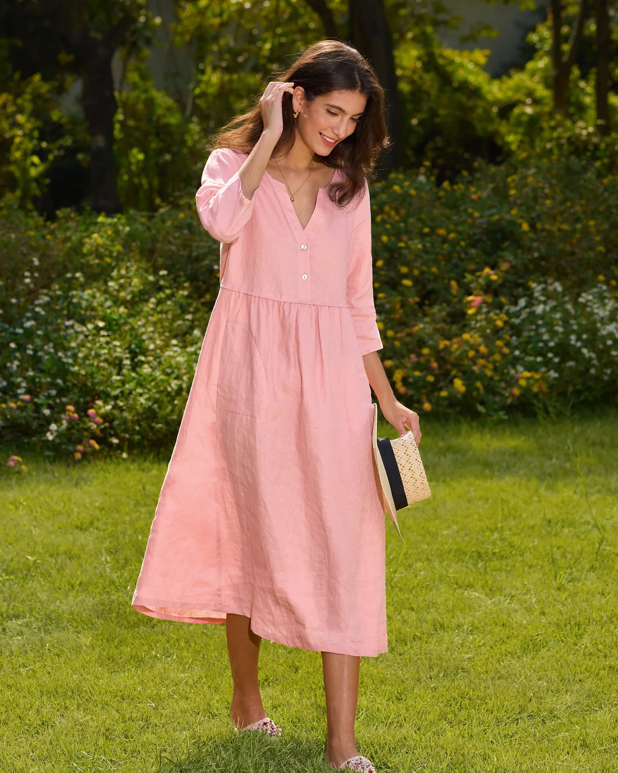 100% Linen Loose Fit Button Waist Gathered Maxi Dress LUNA - DRESSES-Linen