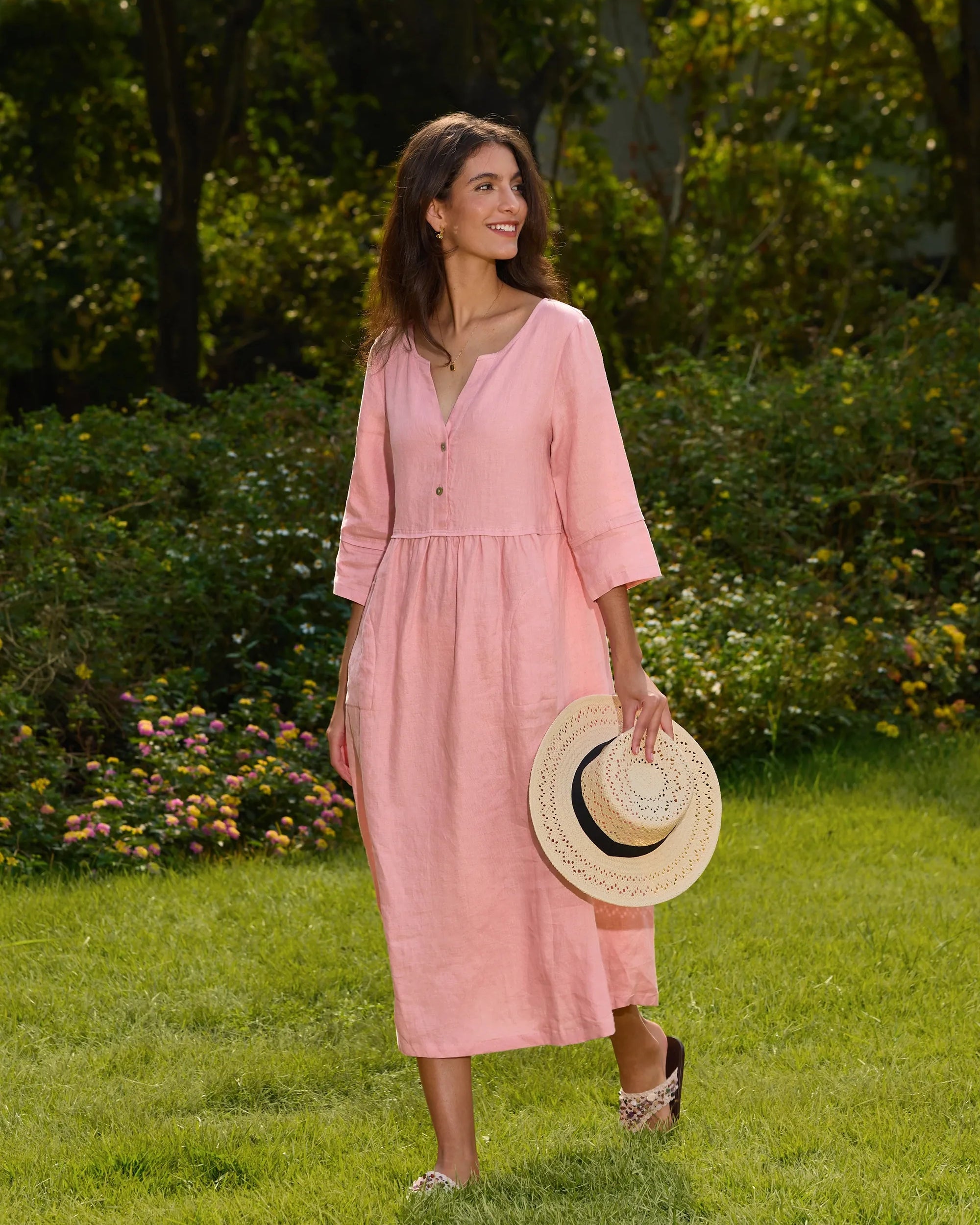 100% Linen Loose Fit Button Waist Gathered Maxi Dress LUNA - DRESSES-Linen