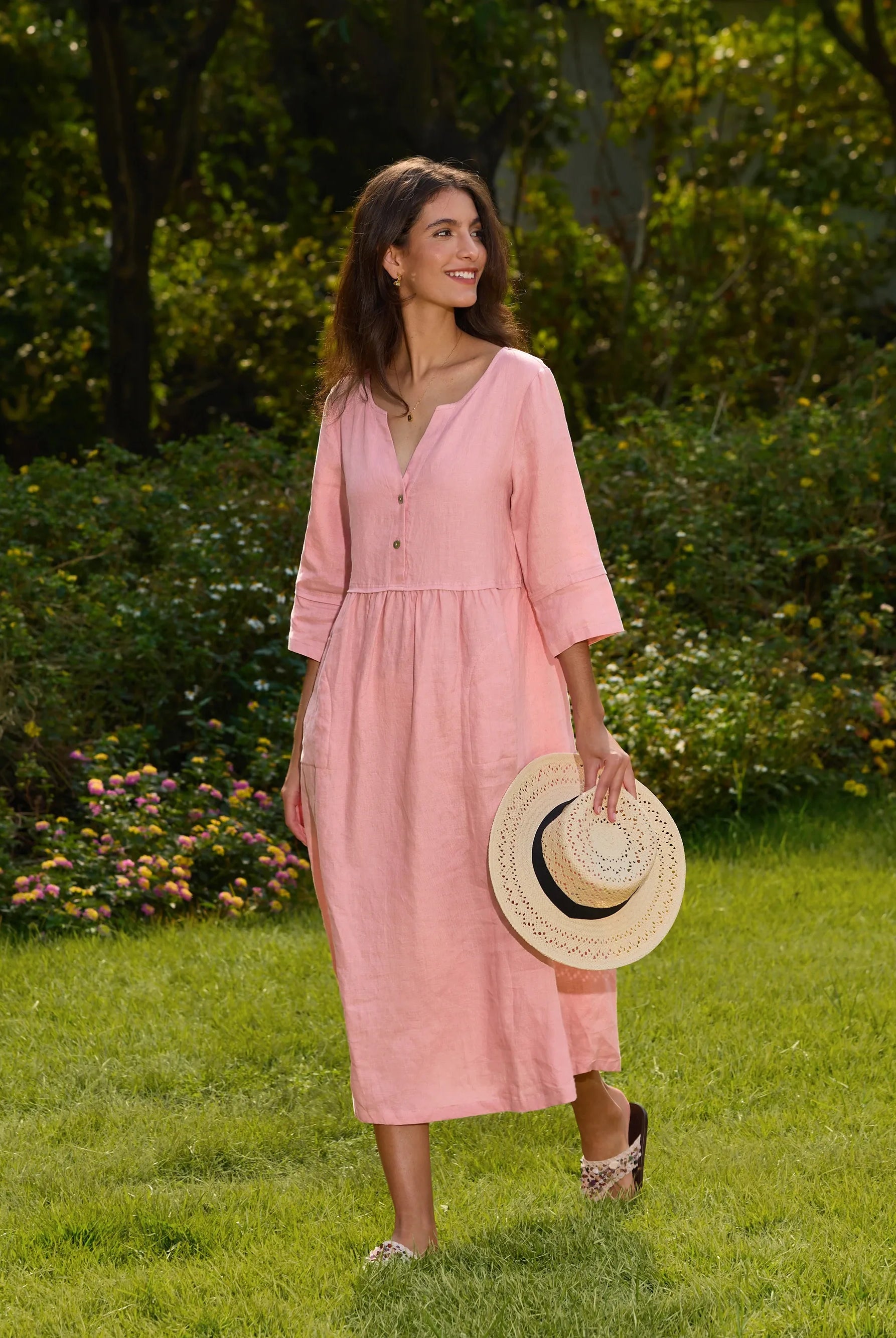 100% Linen Loose Fit Button Waist Gathered Maxi Dress LUNA - DRESSES-Linen