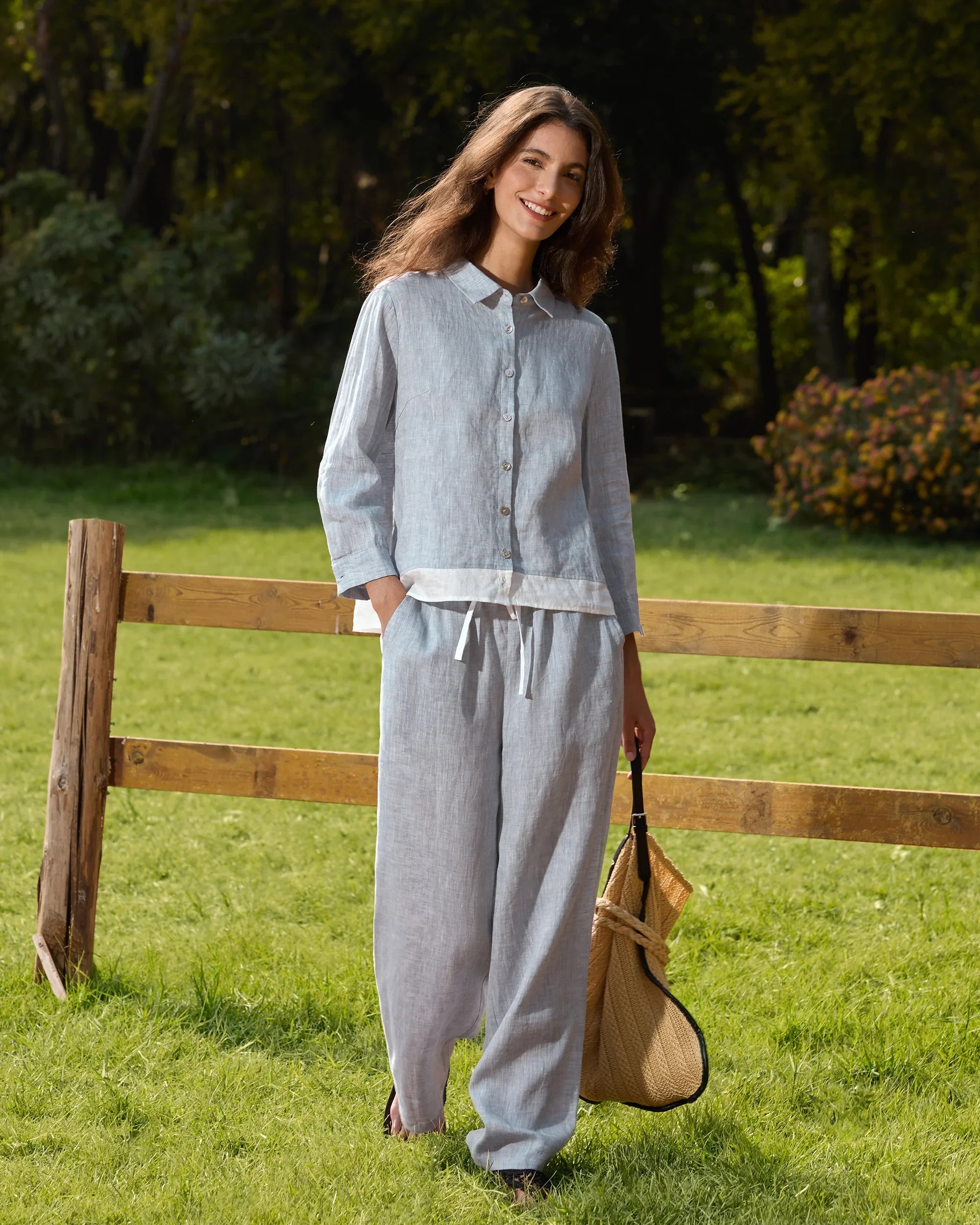 100% Linen Elastic Waist Straight-Leg Trousers JOURDAN - BOTTOMS-Linen Pants