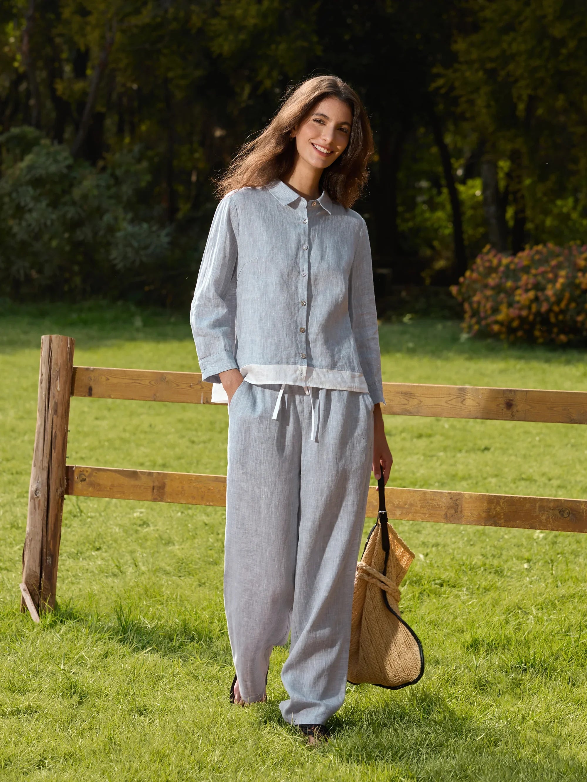 100% Linen Elastic Waist Straight-Leg Trousers JOURDAN - BOTTOMS-Linen Pants