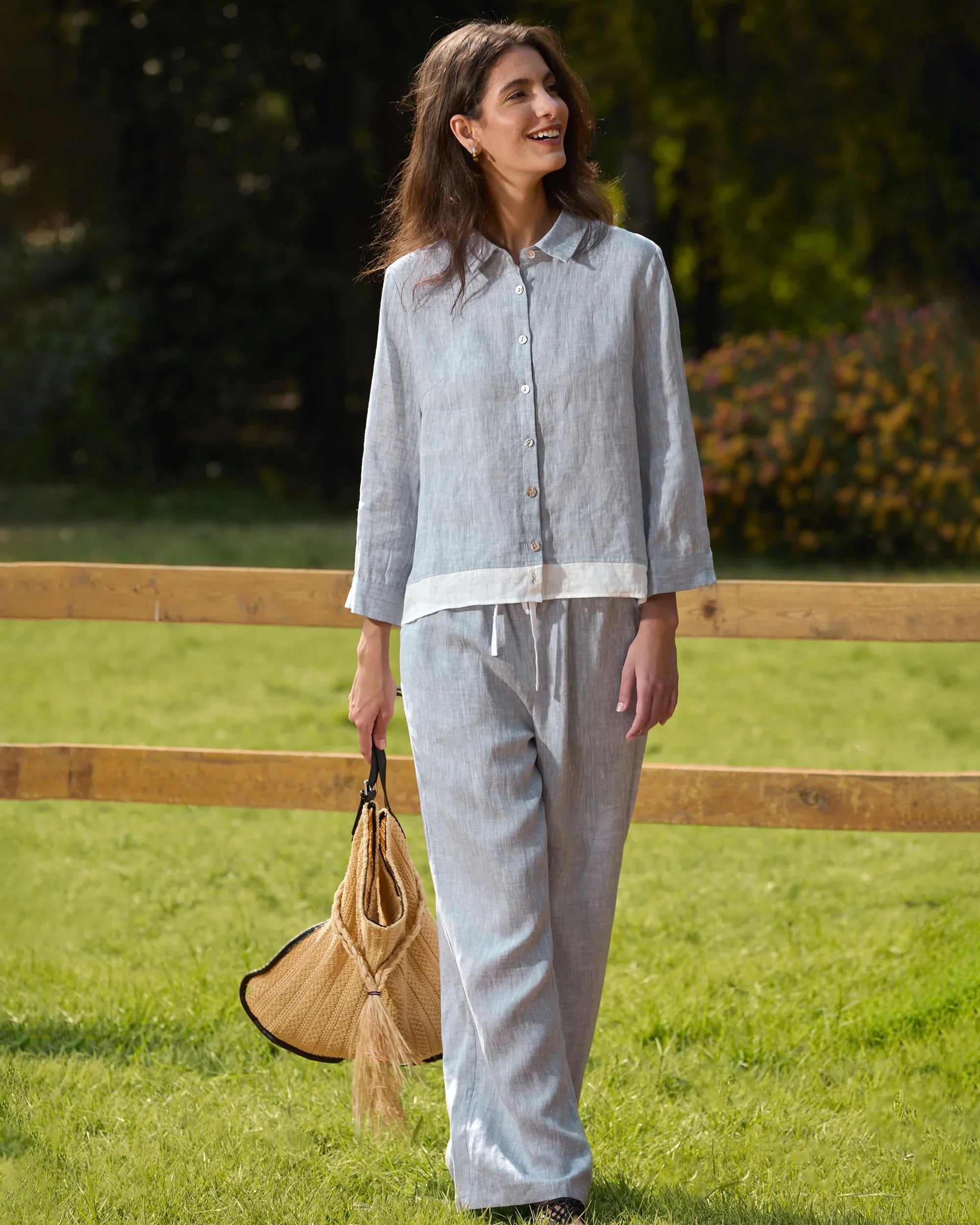 100% Linen Elastic Waist Straight-Leg Trousers JOURDAN - BOTTOMS-Linen Pants