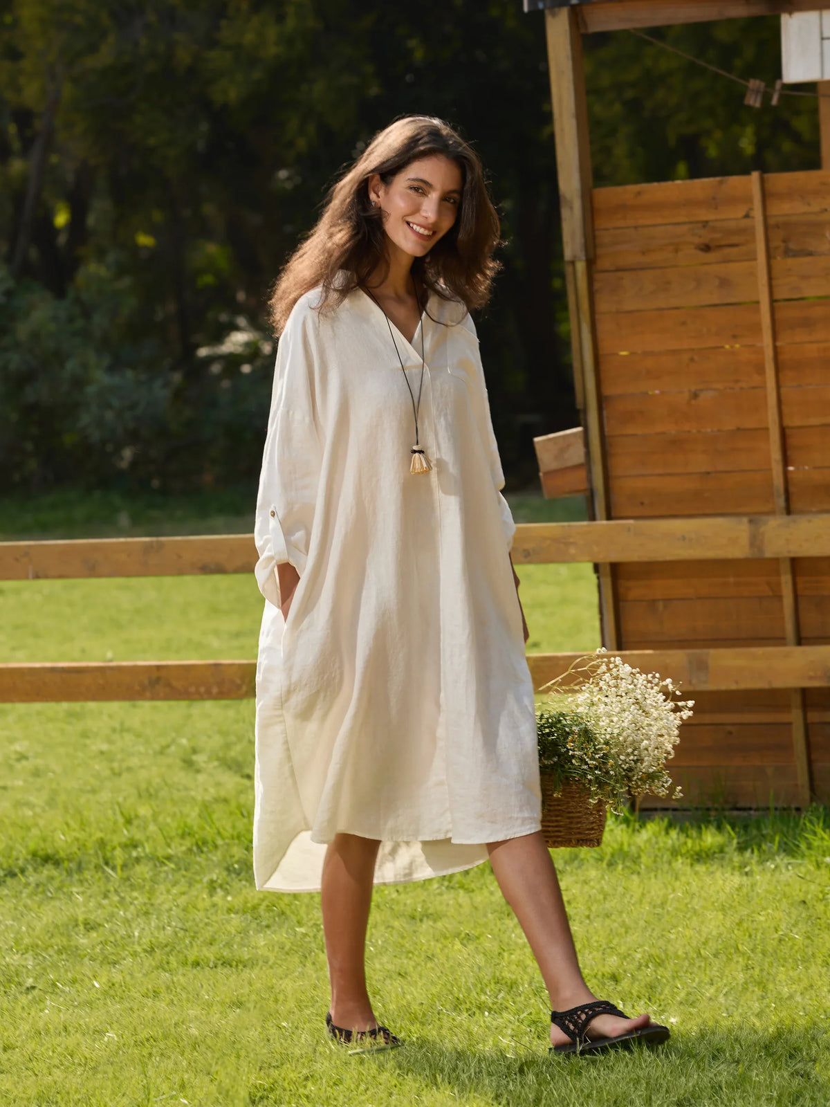 100% Linen Oversized Pullover Shirt Dress JOVITA - DRESSES-Linen Midi