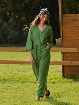 100% Linen Deep V-Neck Oversized Button-Front Jumpsuit LINDEN-with Belt - sets & jumpsuits