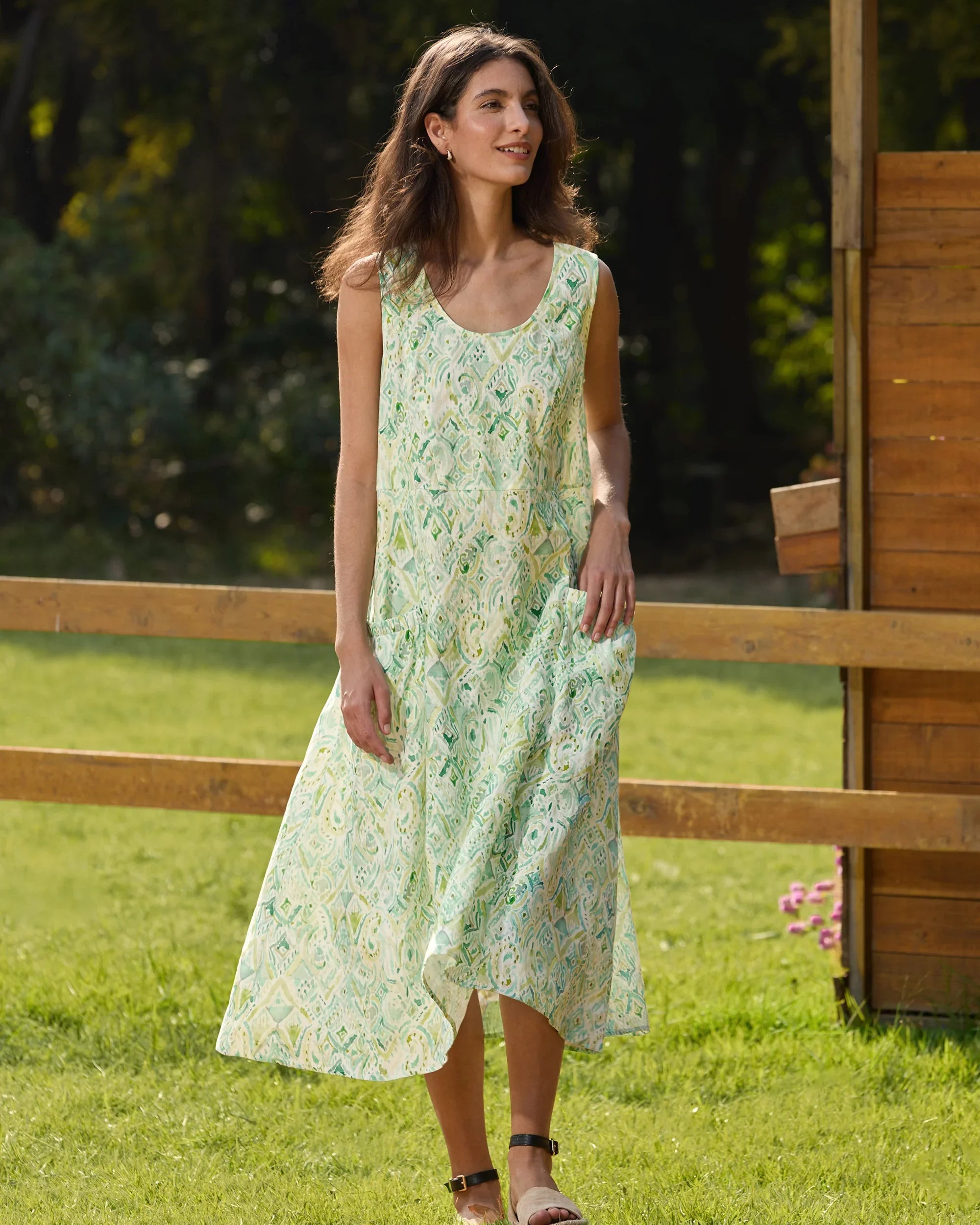 100% Linen Floral Swing Beach Tank Dress LORRAINE - DRESSES-Linen Midi
