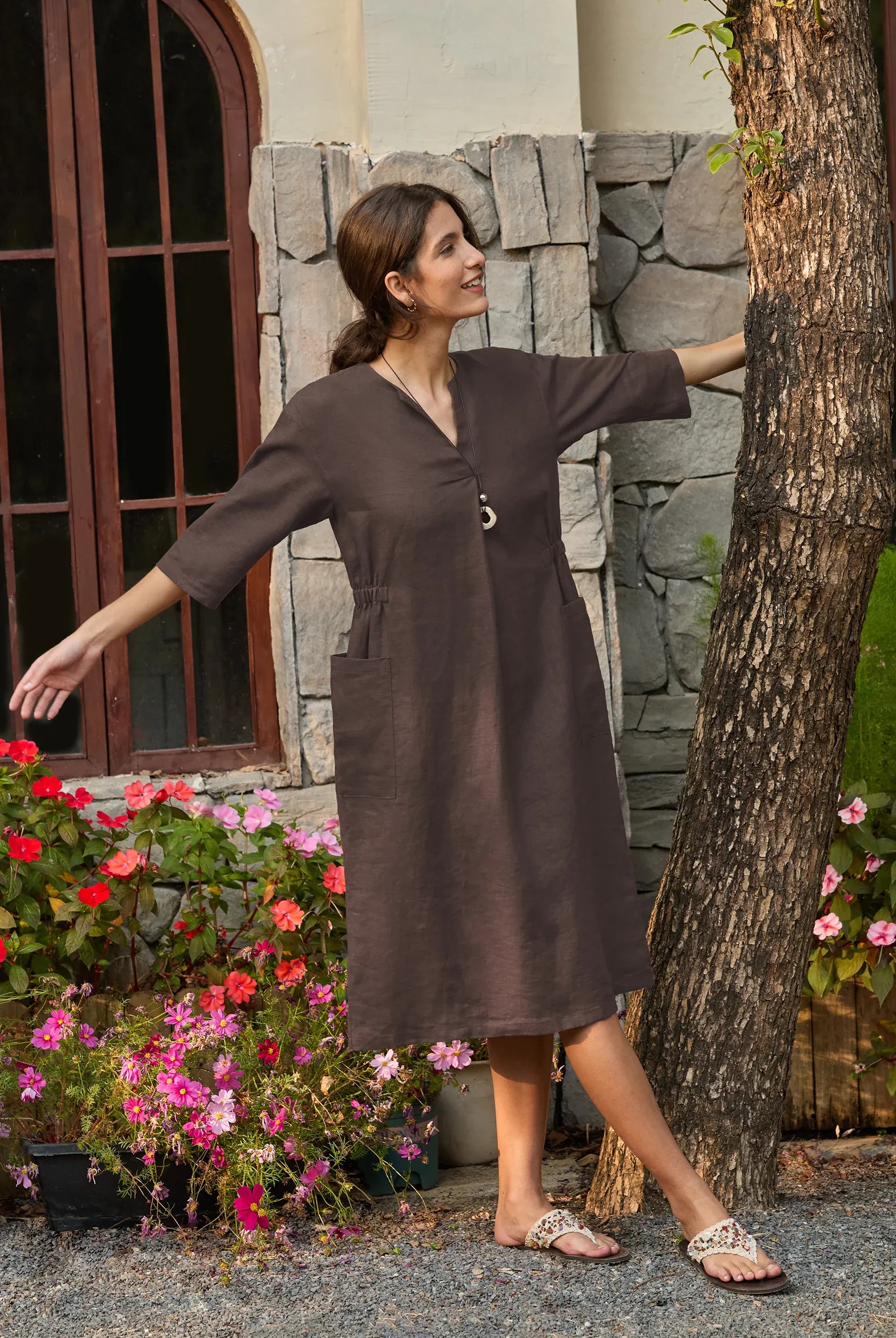 100% Linen Bell Pocket Midi Dress EVELINA - DRESSES-Linen