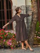 100% Linen Bell Pocket Midi Dress EVELINA - DRESSES-Linen