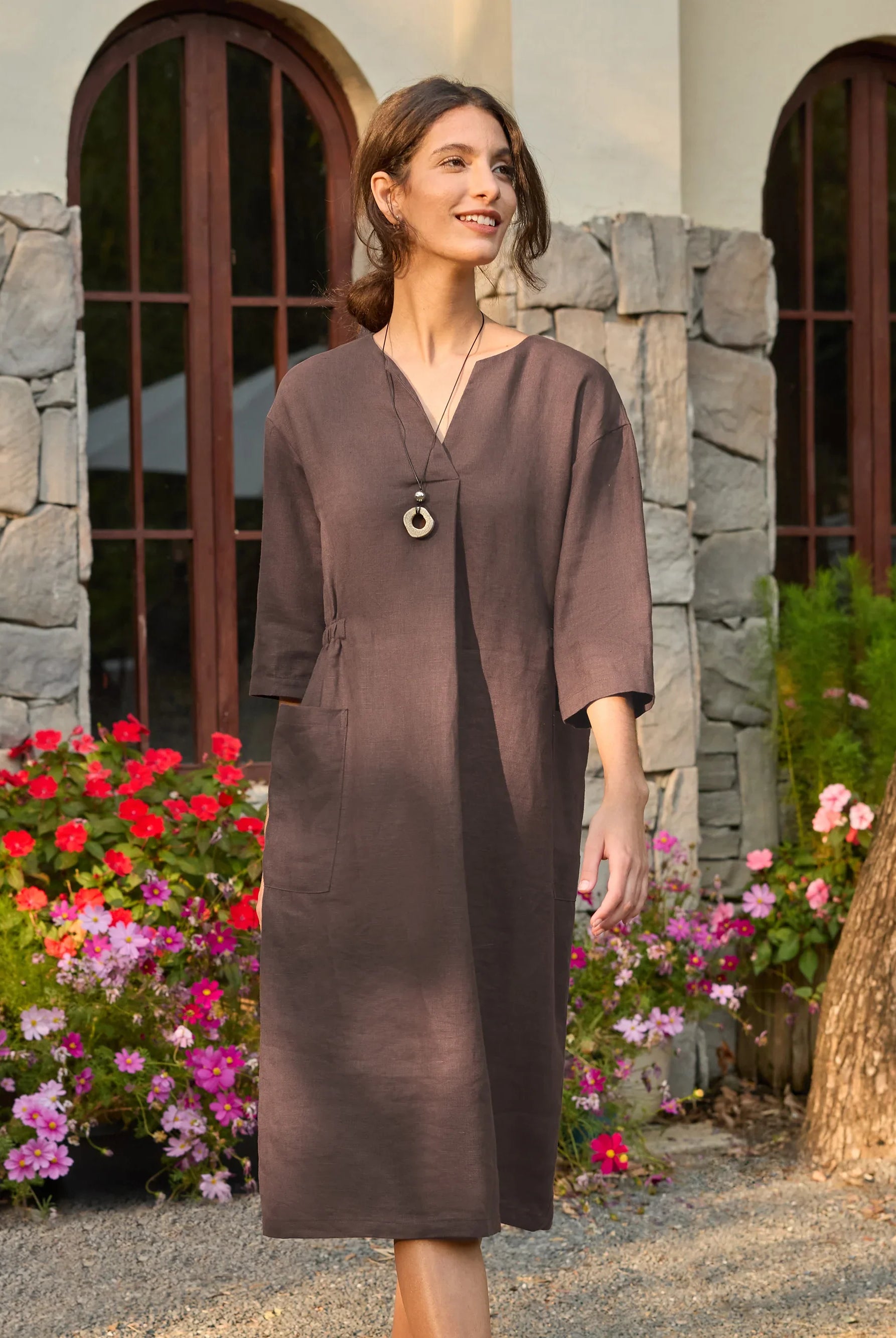 100% Linen Bell Pocket Midi Dress EVELINA - DRESSES-Linen