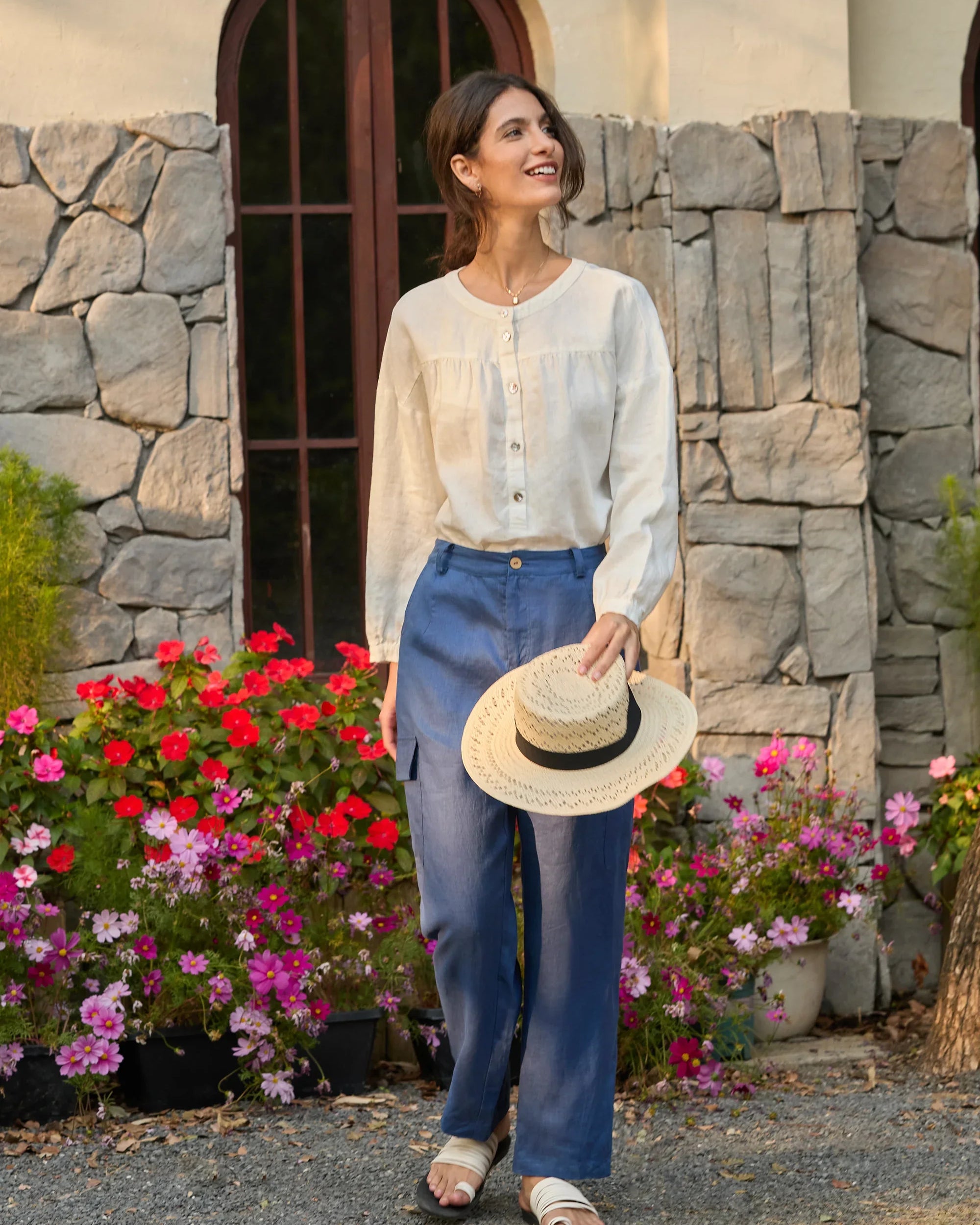 100% Linen Cargo Tapered Trousers with Patch Pockets JESSE - BOTTOMS-Linen Pants