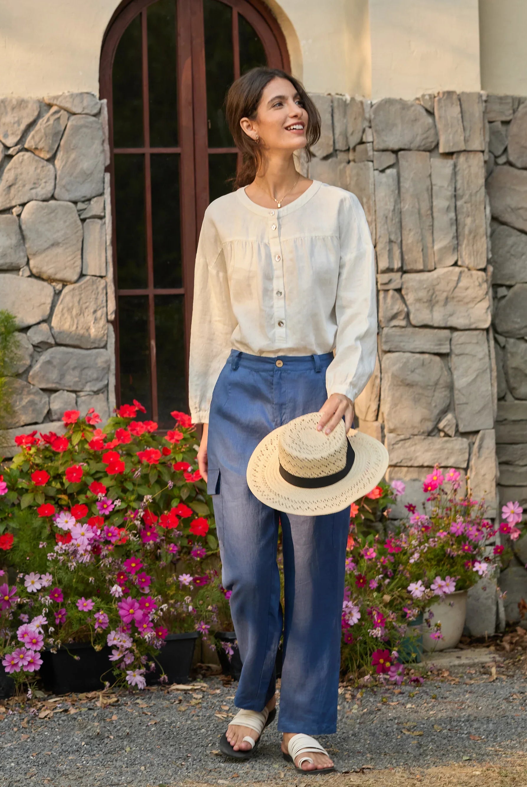 100% Linen Cargo Tapered Trousers with Patch Pockets JESSE - BOTTOMS-Linen Pants