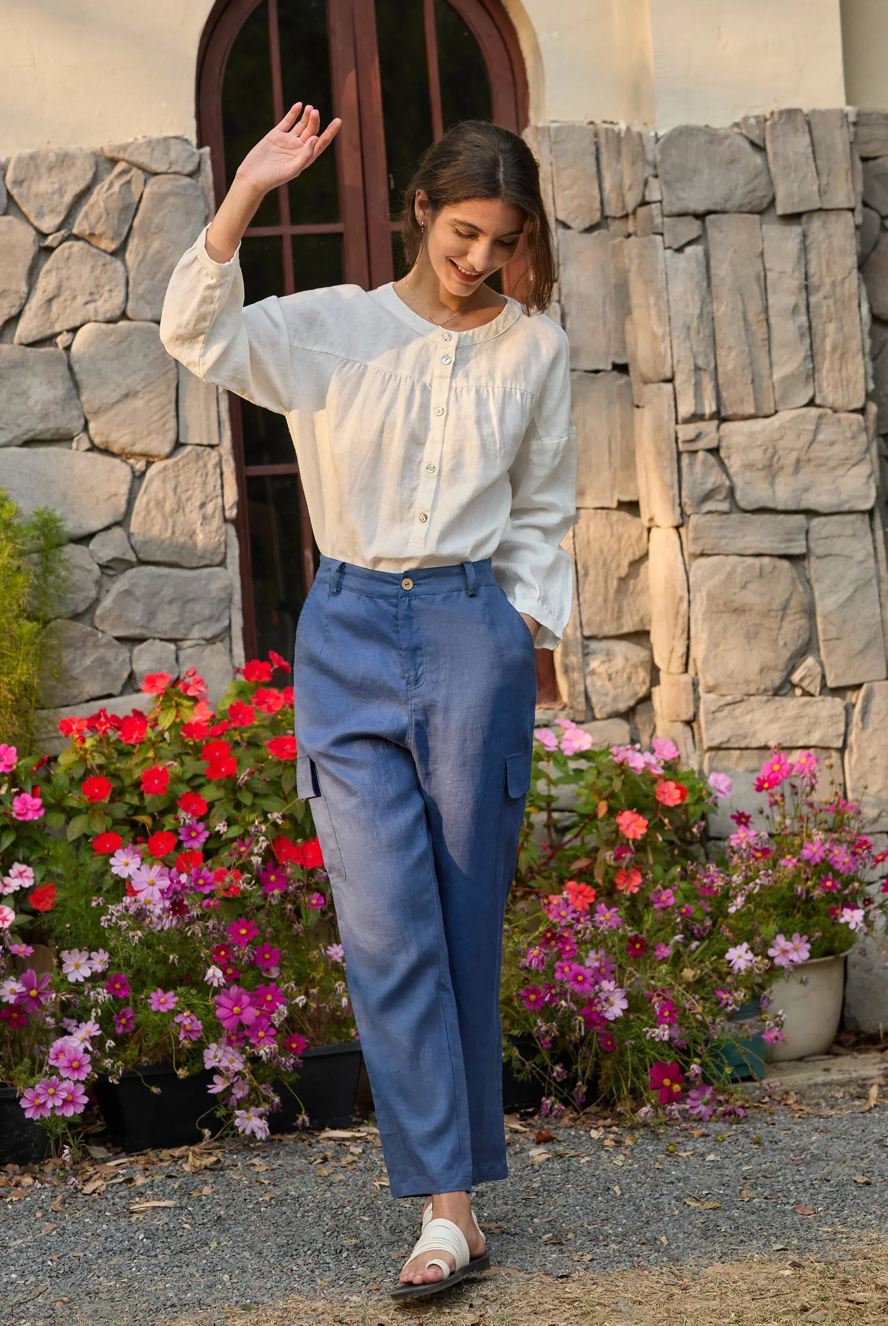 100% Linen Cargo Tapered Trousers with Patch Pockets JESSE - BOTTOMS-Linen Pants