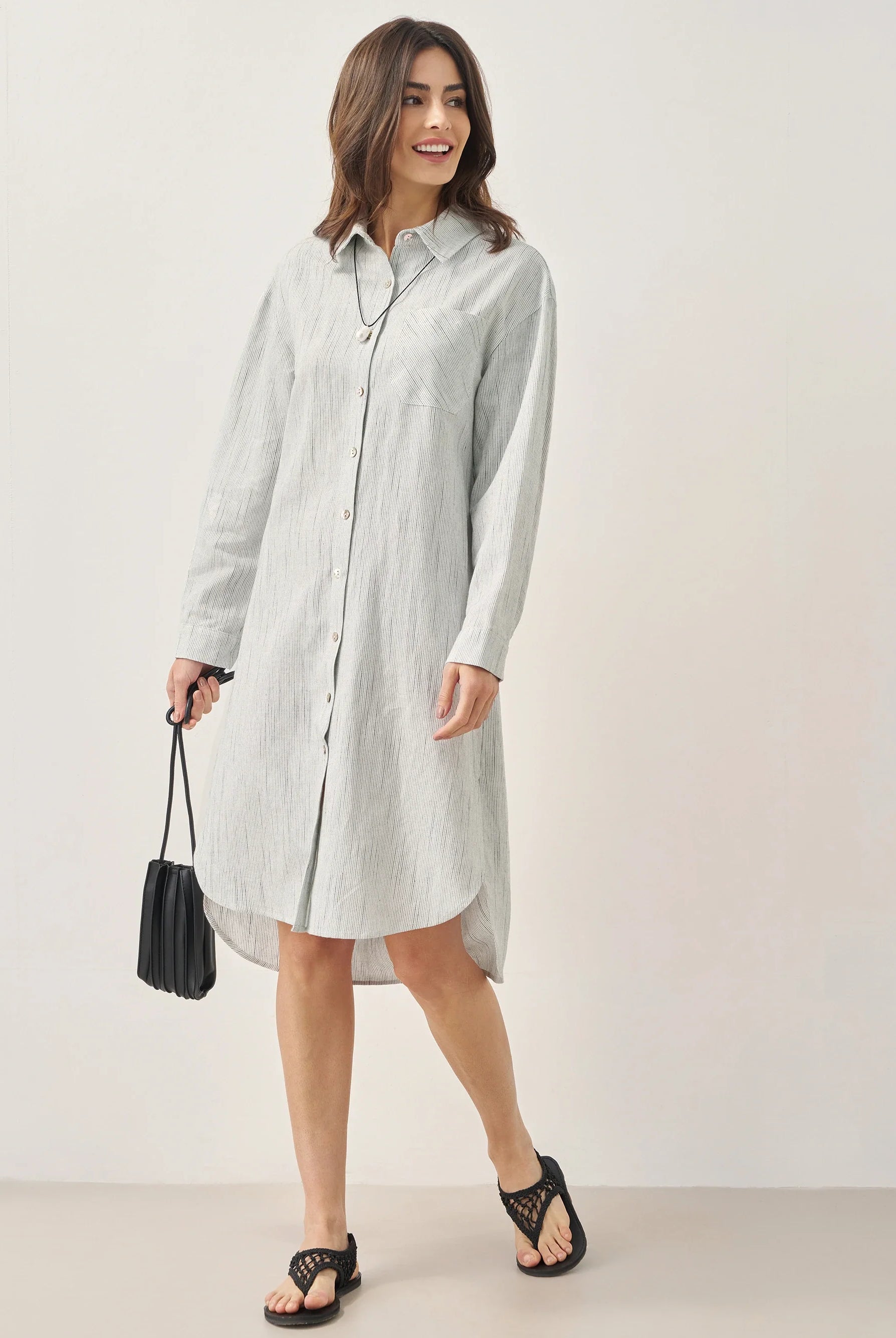 Linen Button-Front Artistic Stripe Shirt Dress JULIA - DRESSES-Linen Midi