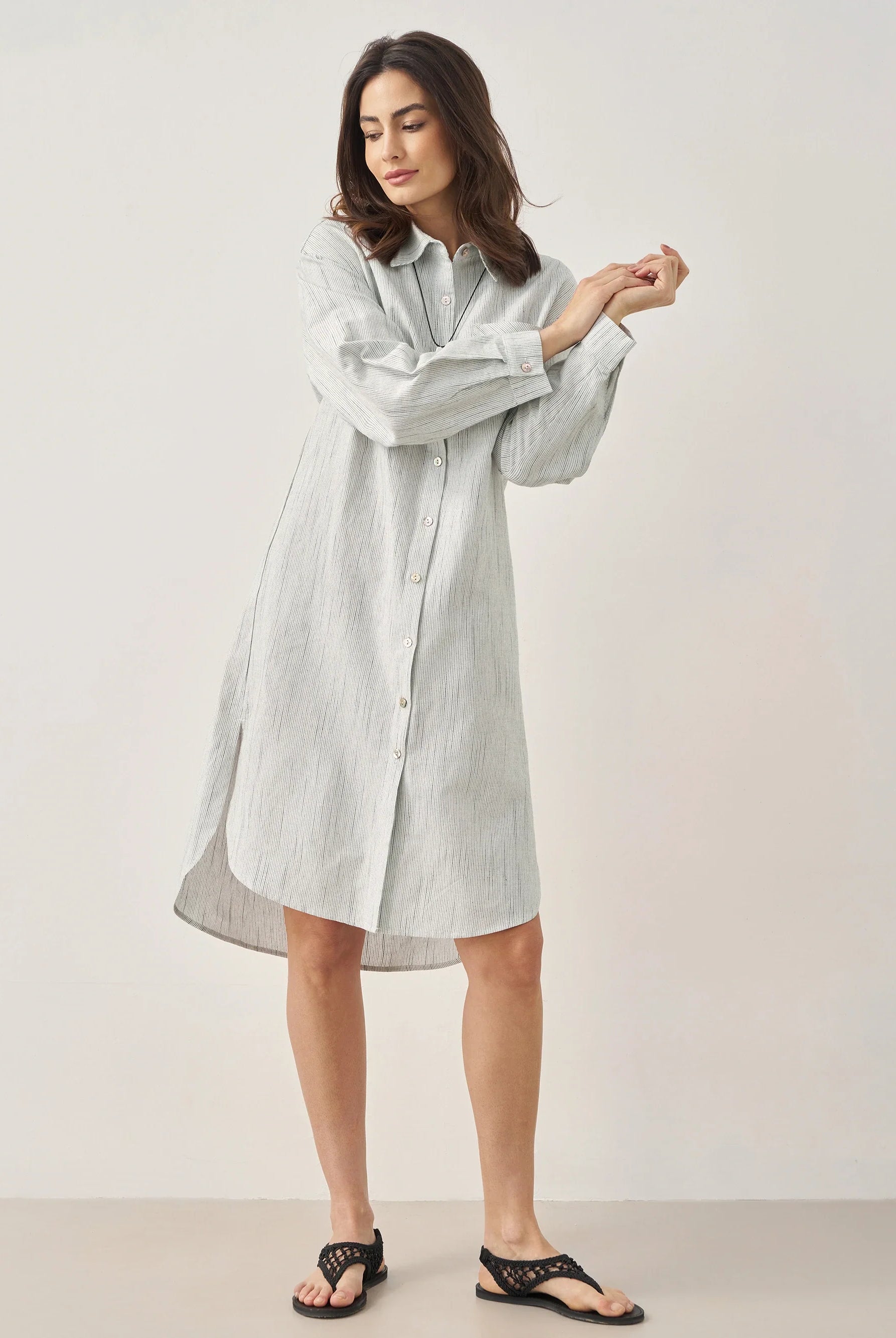 Linen Button-Front Artistic Stripe Shirt Dress JULIA - Indigo / S - DRESSES-Linen Midi