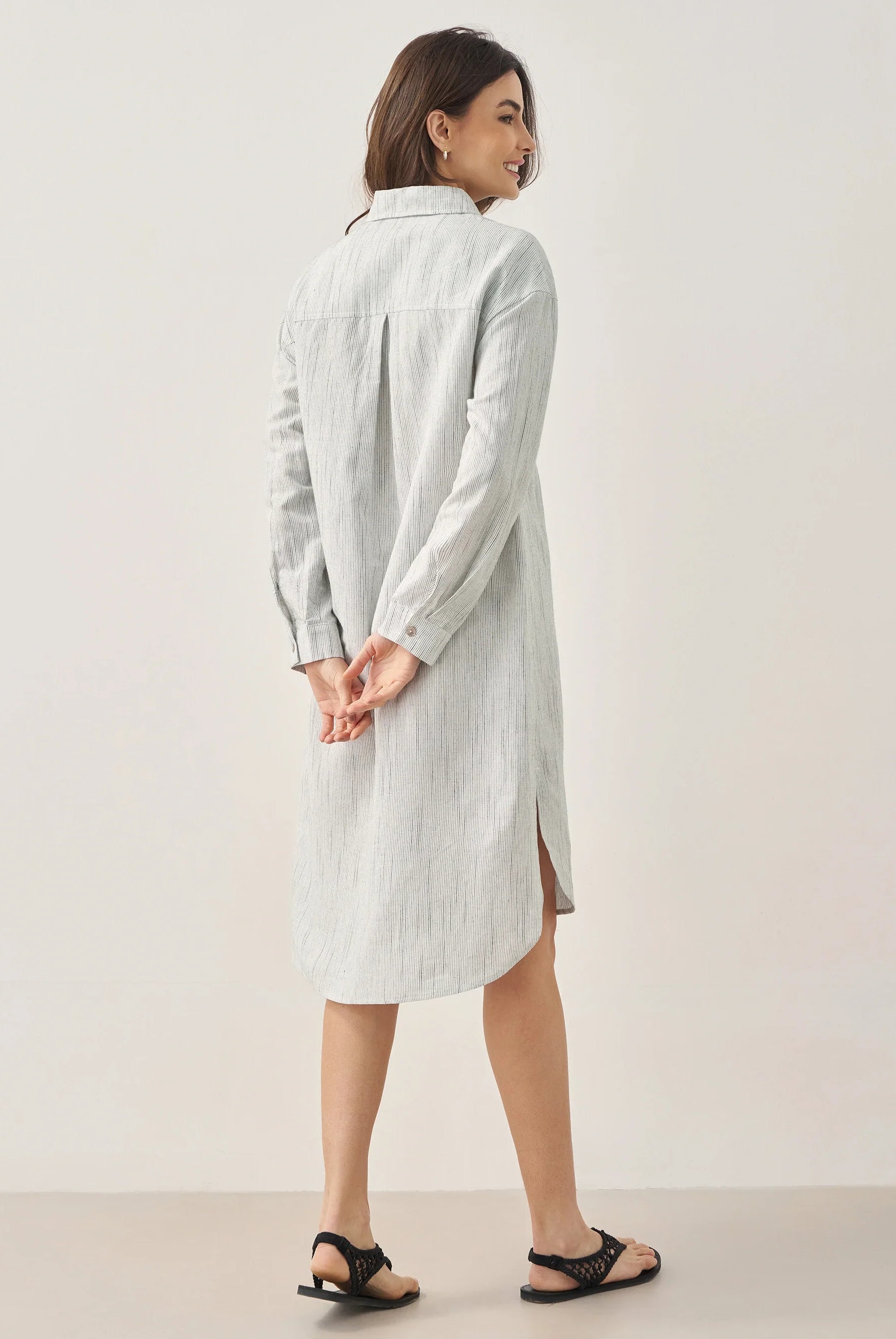 Linen Button-Front Artistic Stripe Shirt Dress JULIA - DRESSES-Linen Midi
