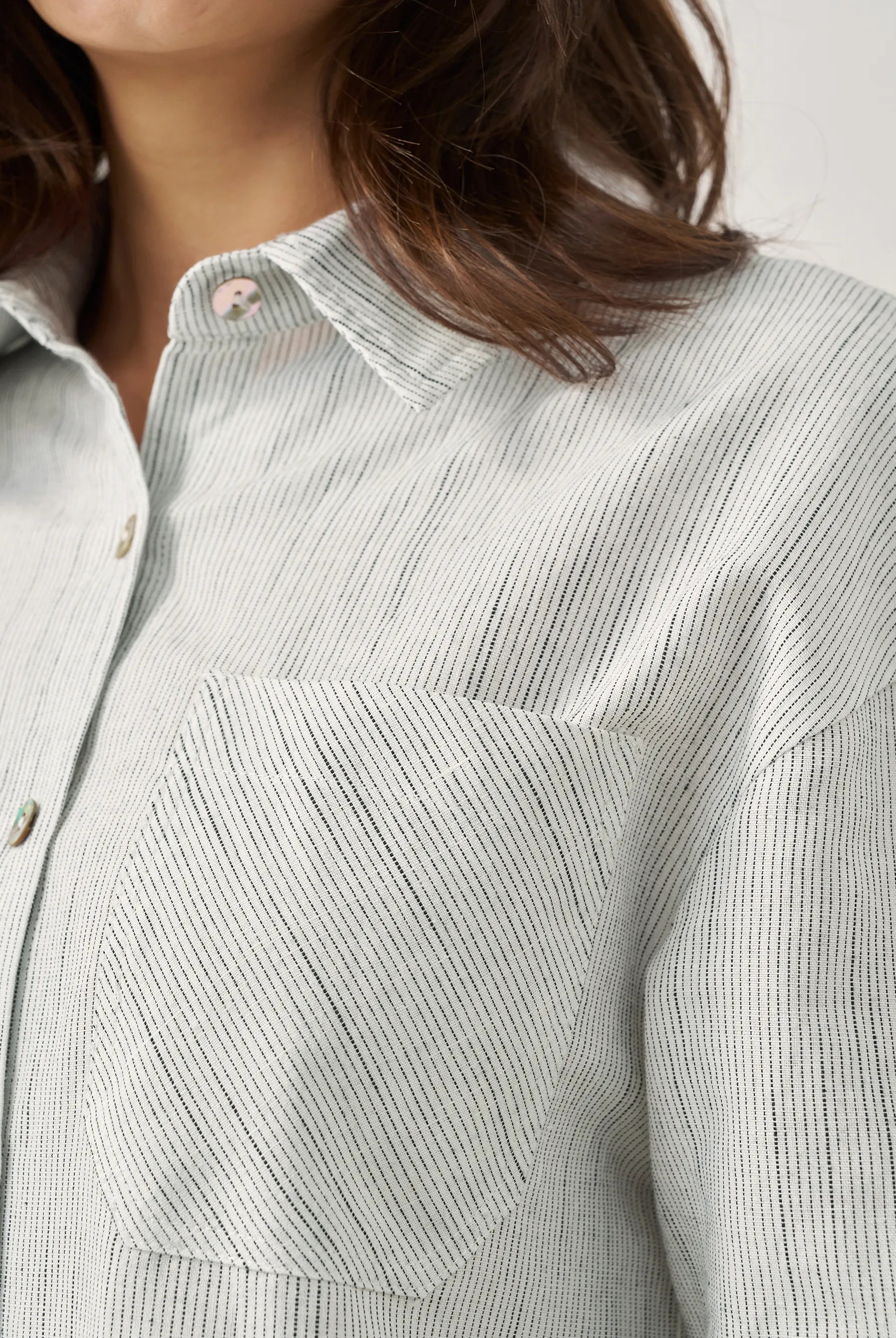 Linen Button-Front Artistic Stripe Shirt Dress JULIA - DRESSES-Linen Midi