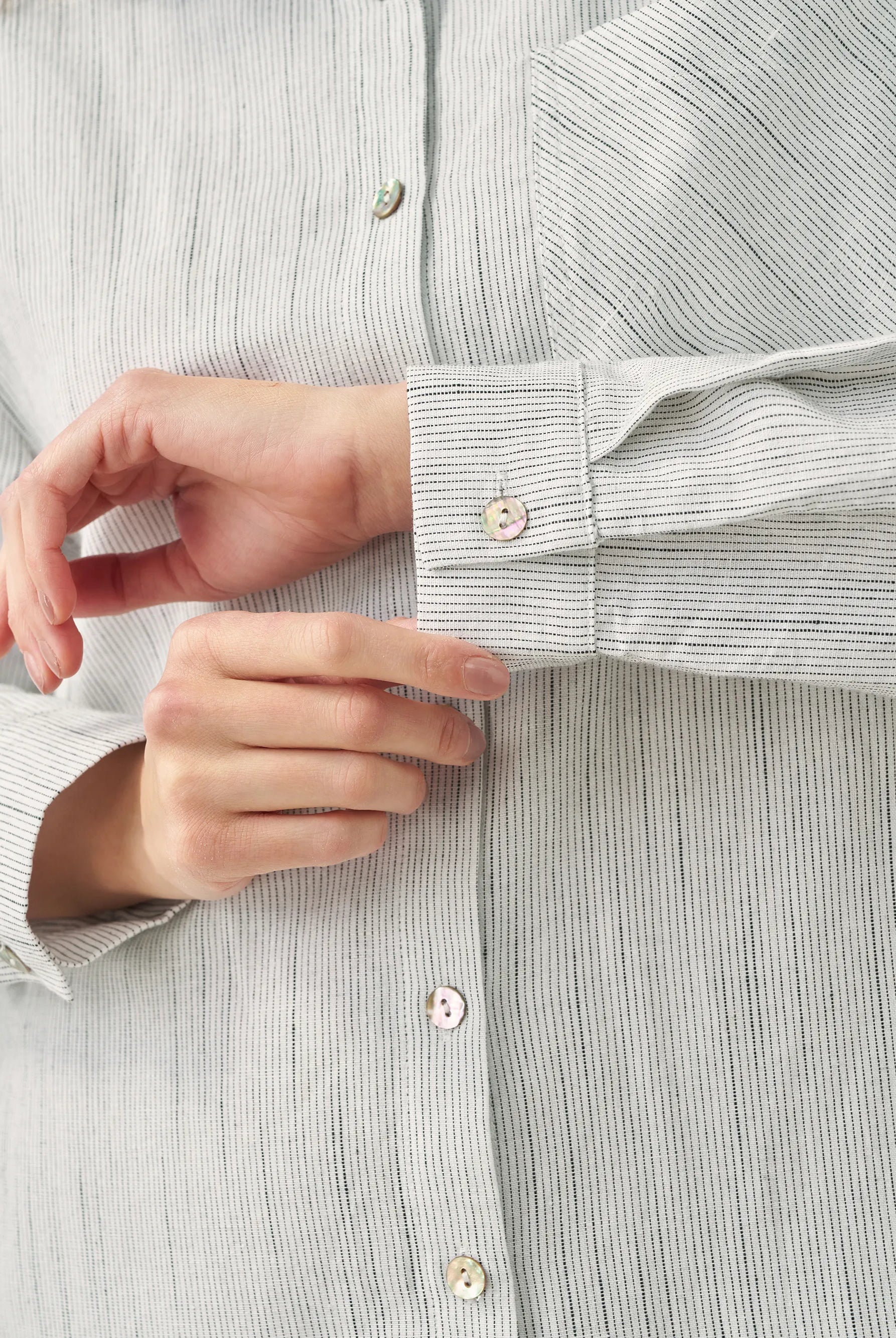 Linen Button-Front Artistic Stripe Shirt Dress JULIA - DRESSES-Linen Midi