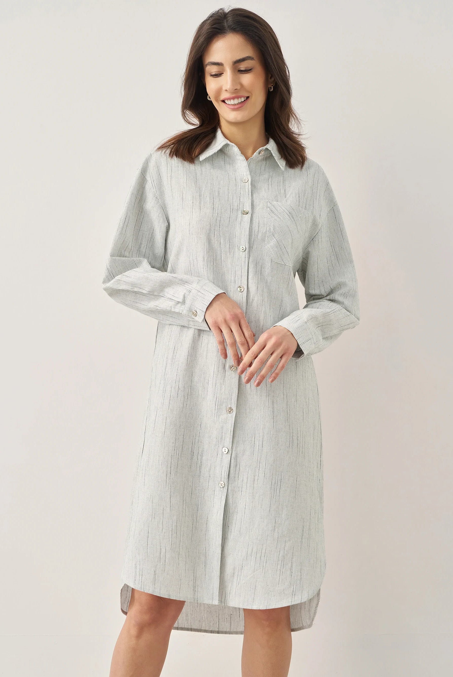 Linen Button-Front Artistic Stripe Shirt Dress JULIA - DRESSES-Linen Midi