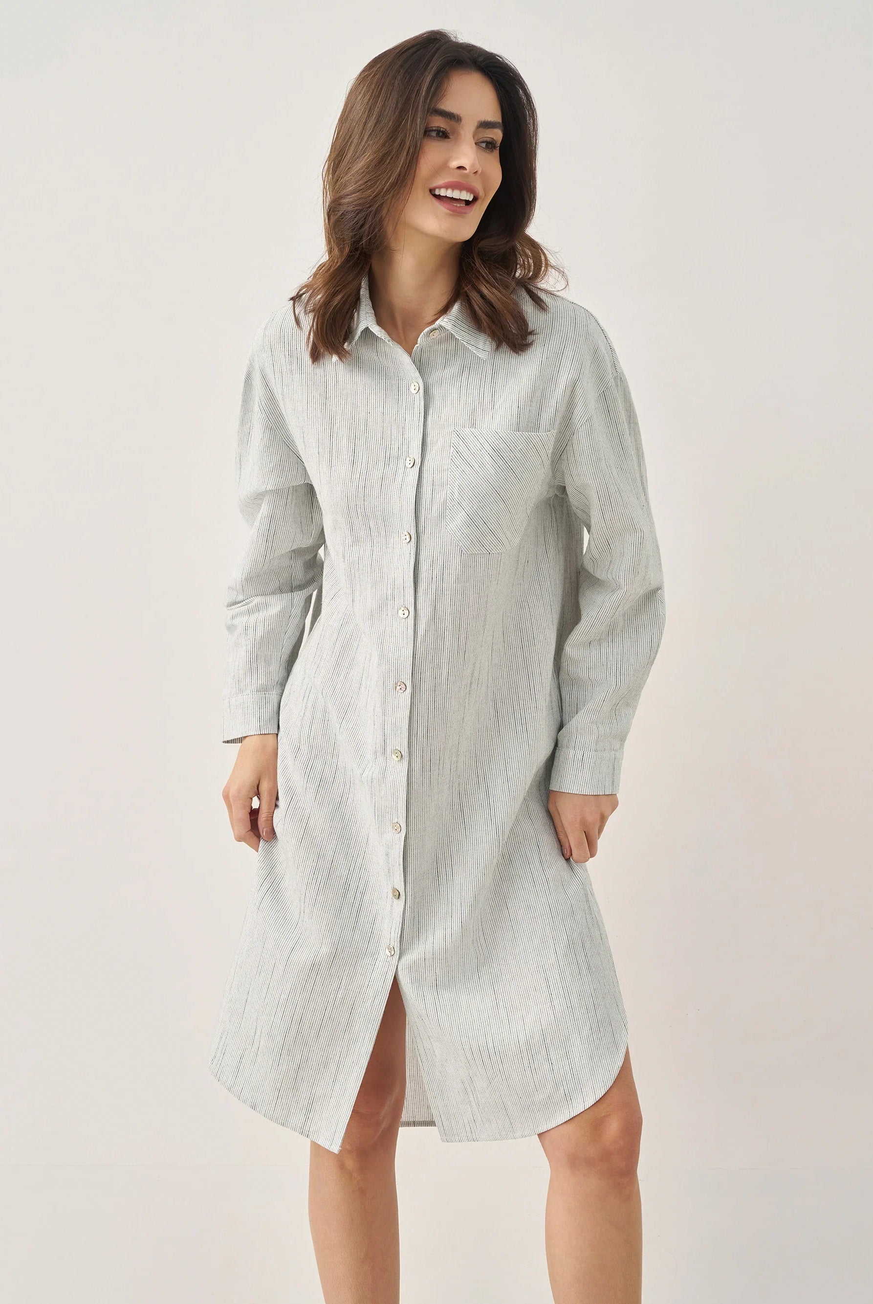 Linen Button-Front Artistic Stripe Shirt Dress JULIA - DRESSES-Linen Midi