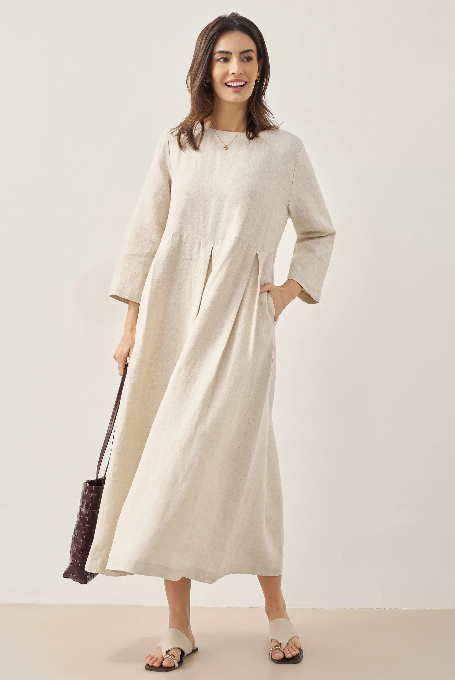100% Linen Bateau Neck Pleated Maxi Dress - DRESSES-Linen
