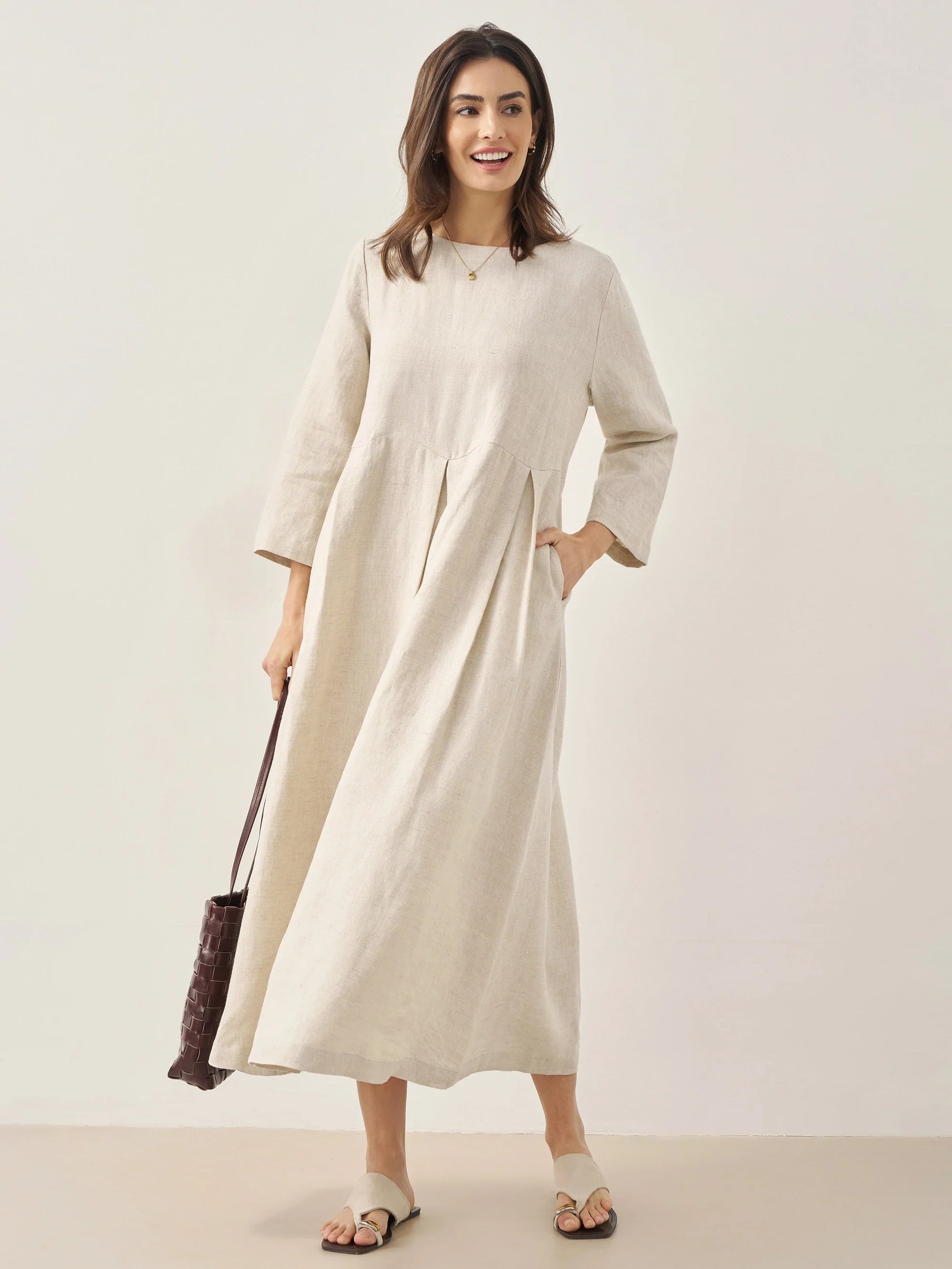 100% Linen Bateau Neck Pleated Maxi Dress - DRESSES-Linen