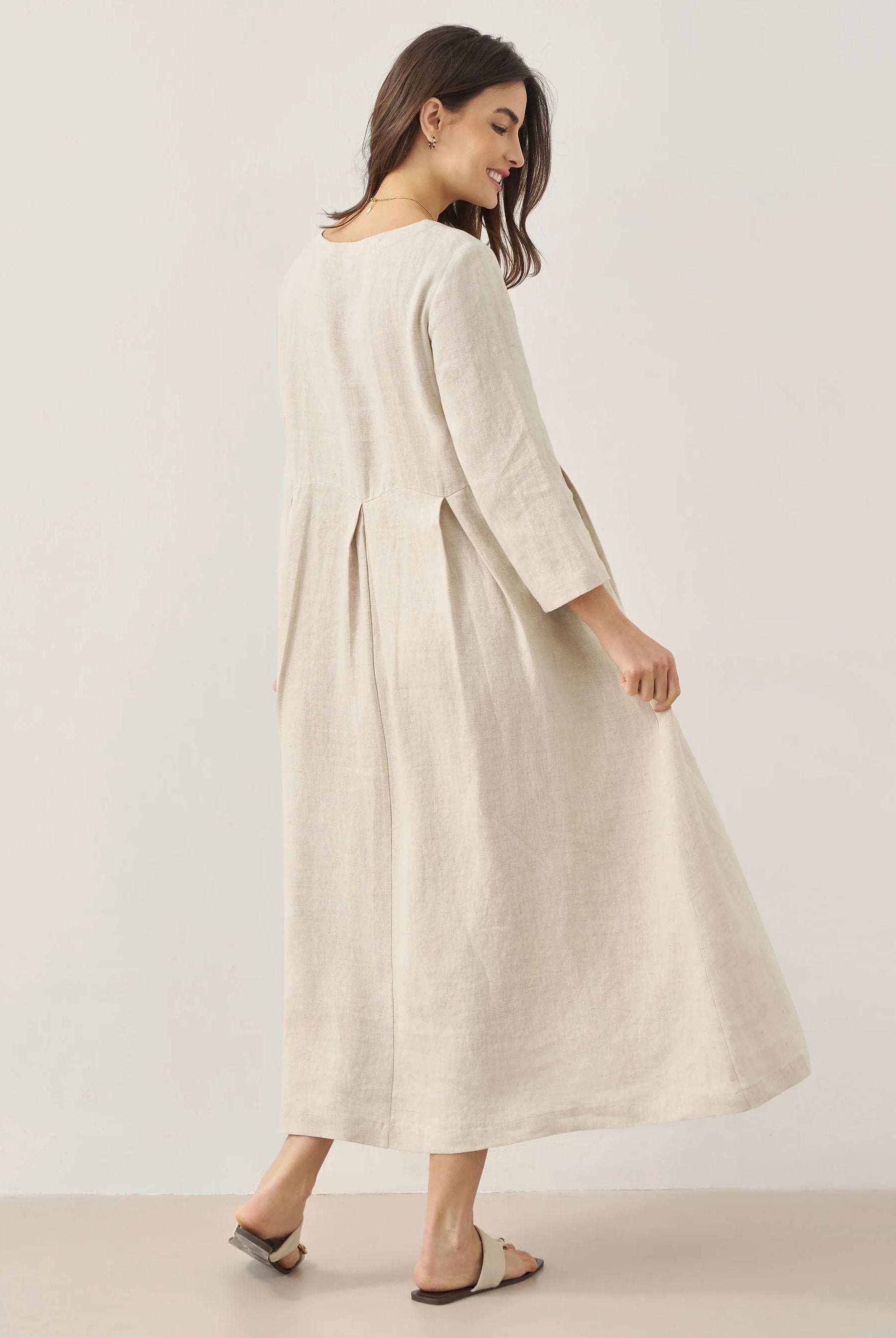 100% Linen Bateau Neck Pleated Maxi Dress - DRESSES-Linen