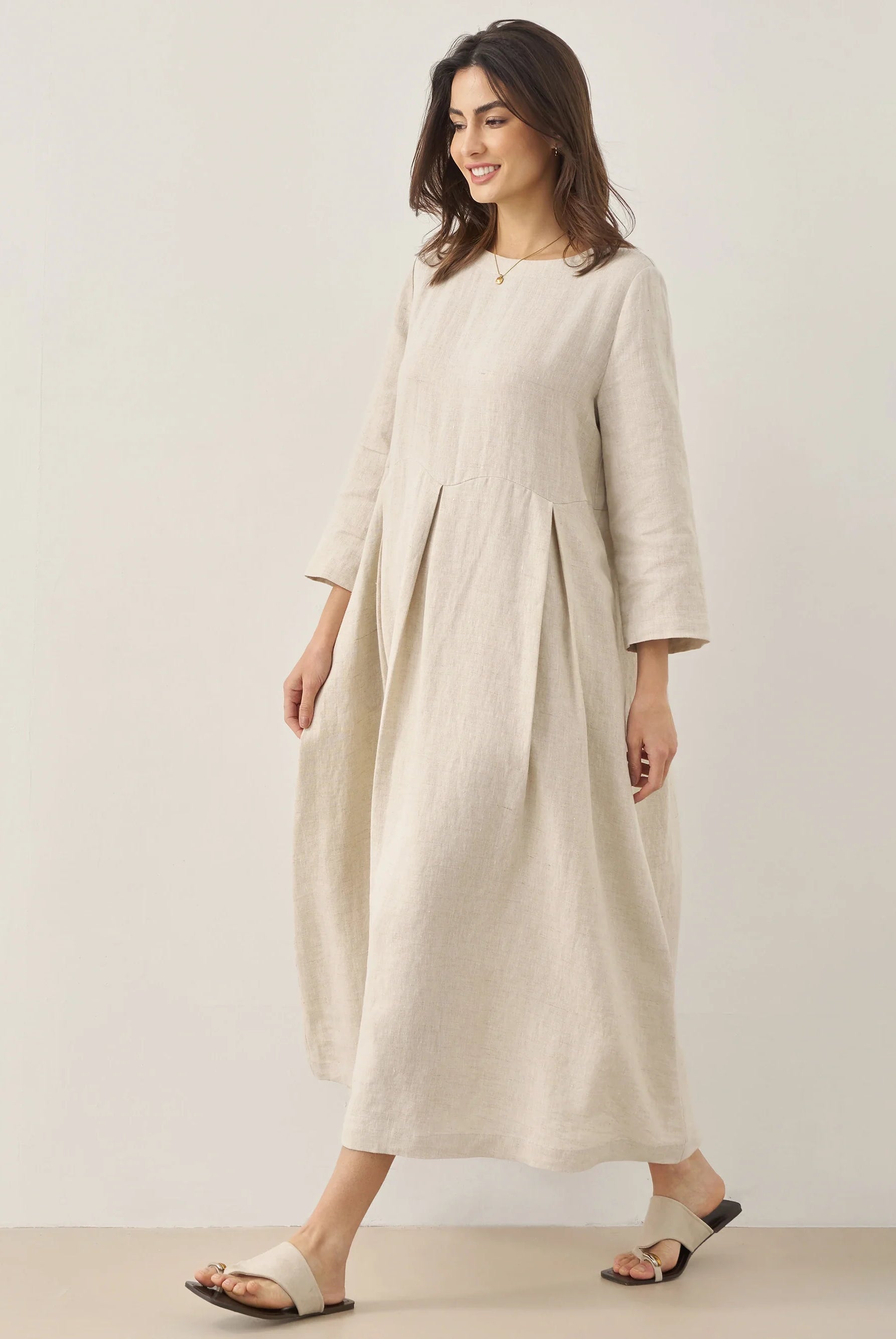 100% Linen Bateau Neck Pleated Maxi Dress - DRESSES-Linen