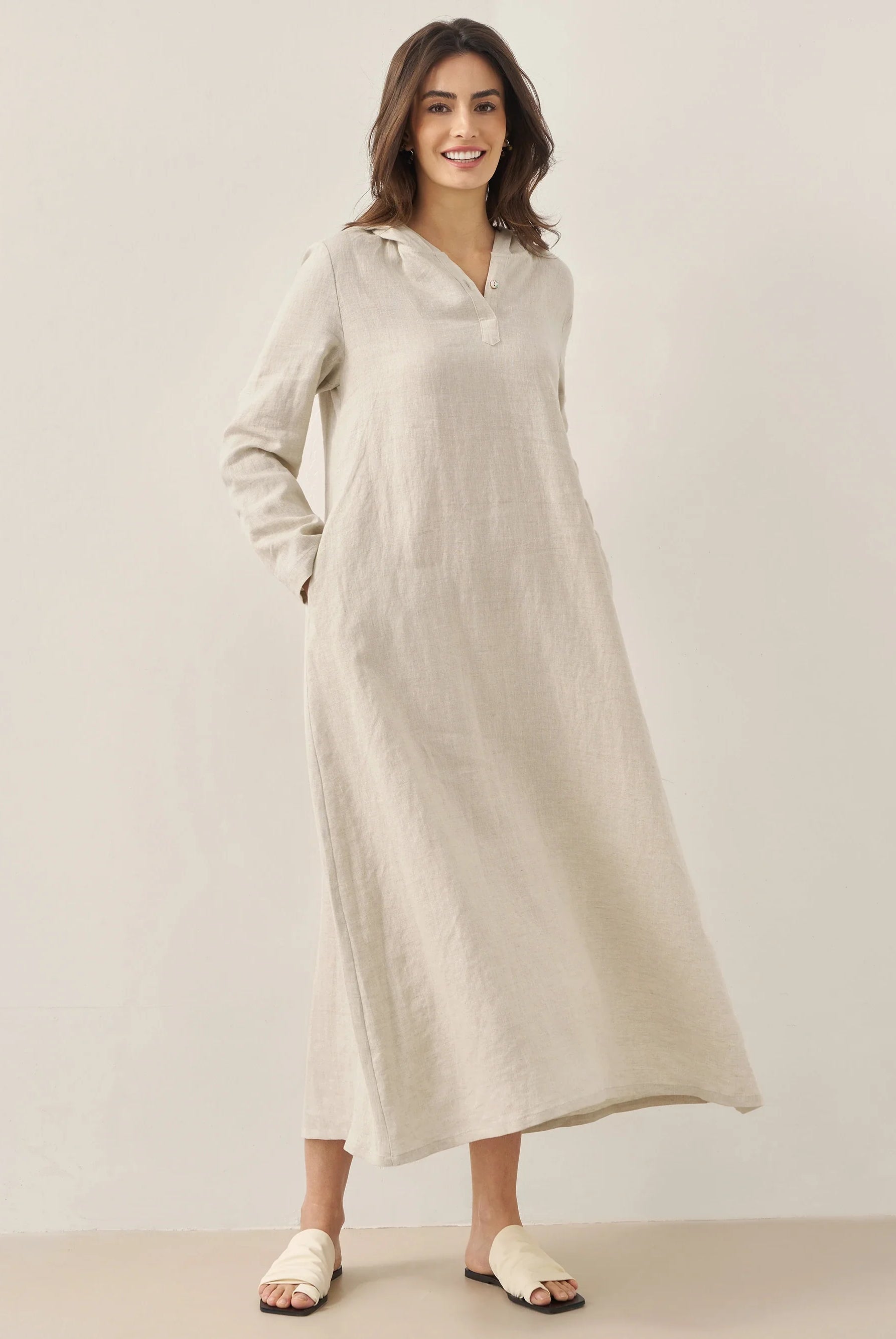 100% Linen Hooded Pullover Maxi Dress - DRESSES-Linen