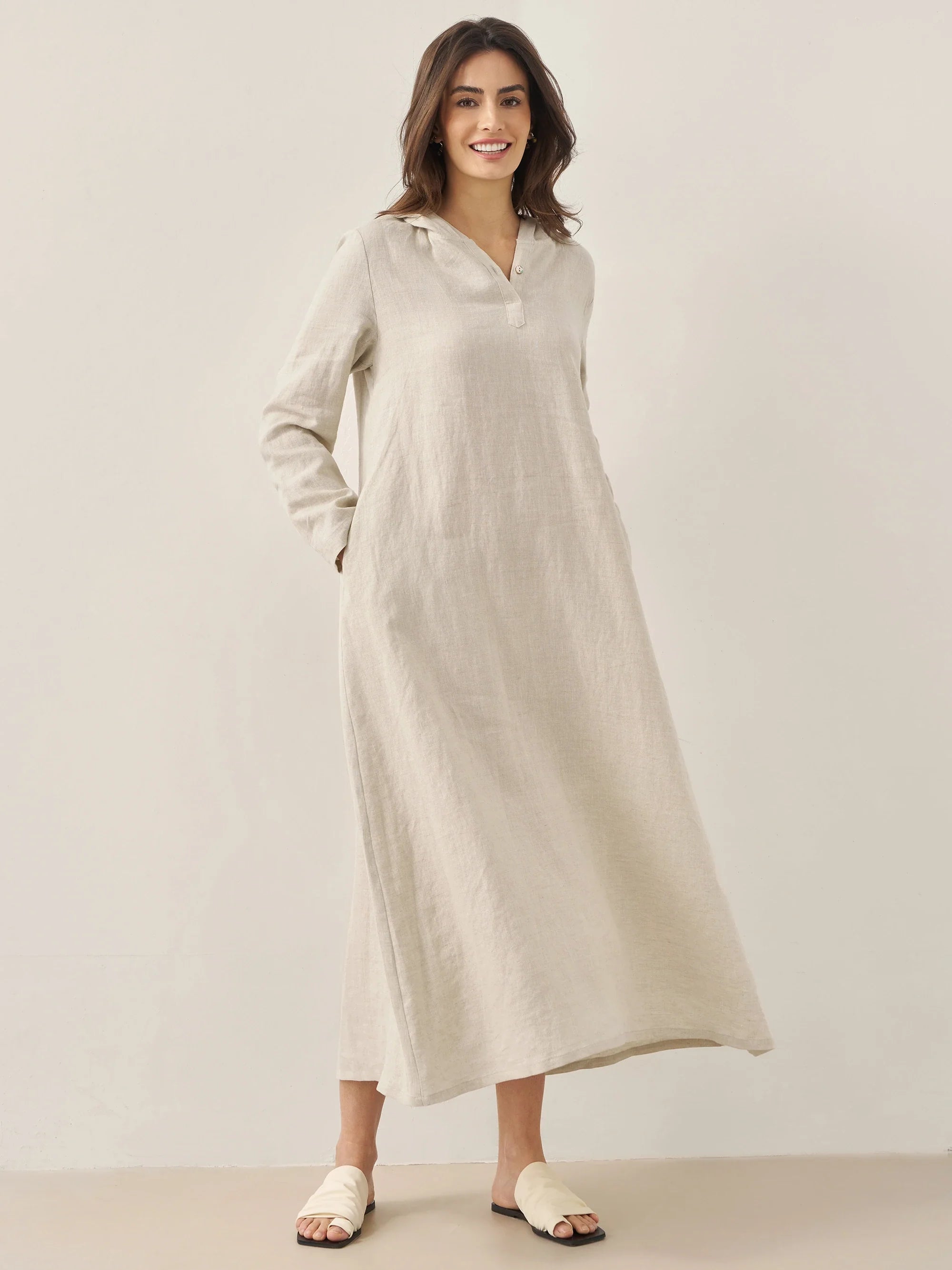 100% Linen Hooded Pullover Maxi Dress - DRESSES-Linen