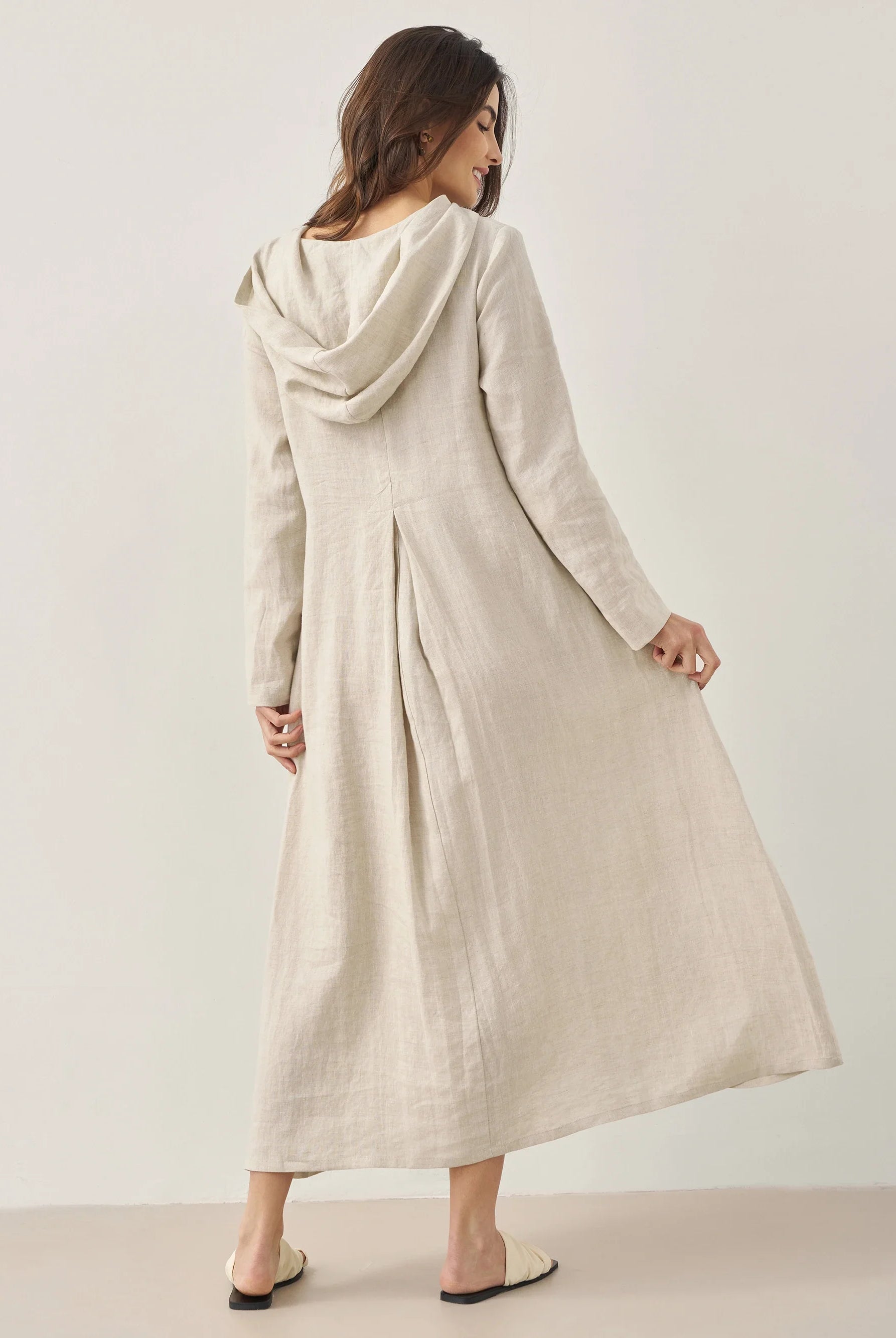 100% Linen Hooded Pullover Maxi Dress - DRESSES-Linen