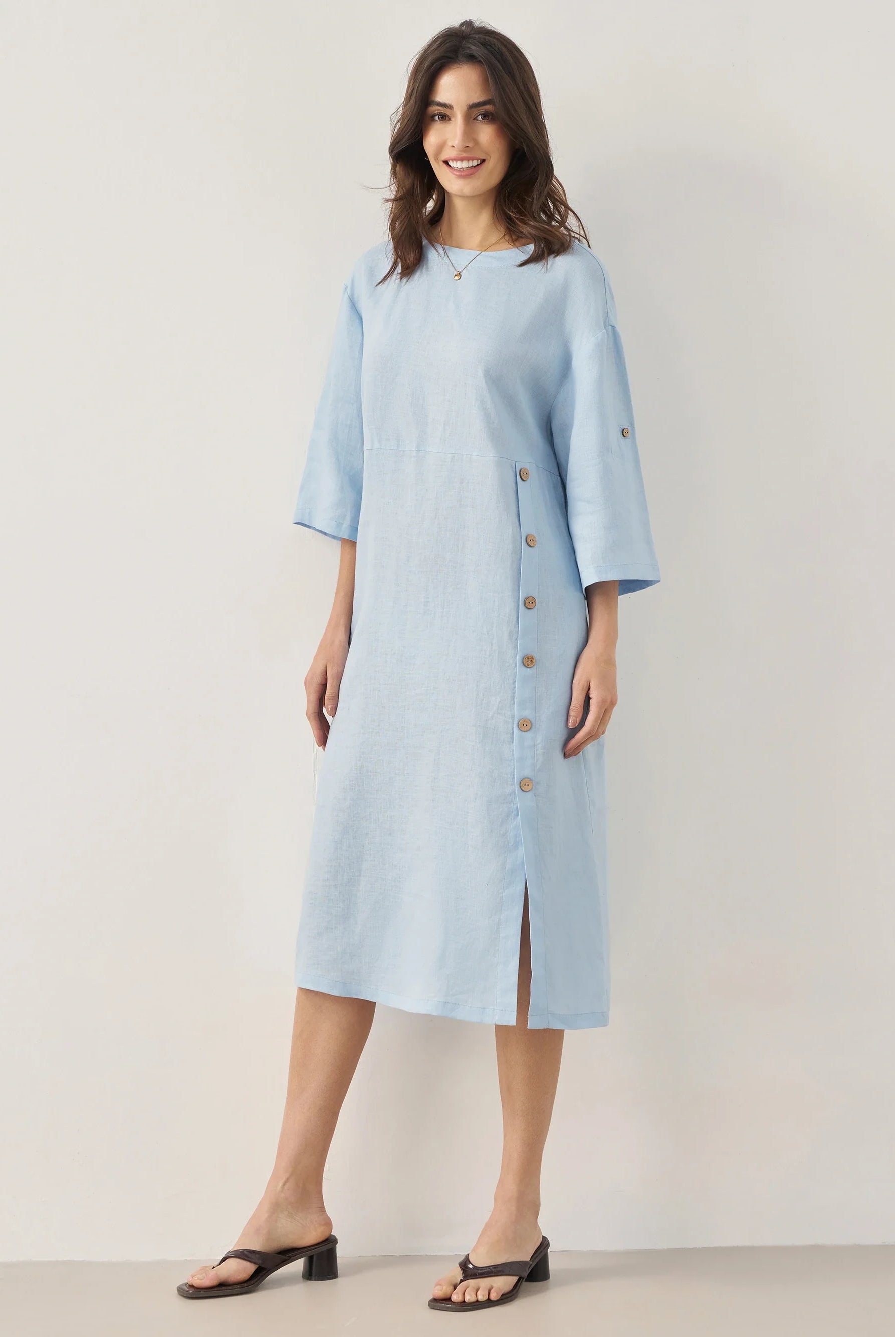 100% Linen Round Neck Button Detail Midi Dress JELENA - DRESSES-Linen