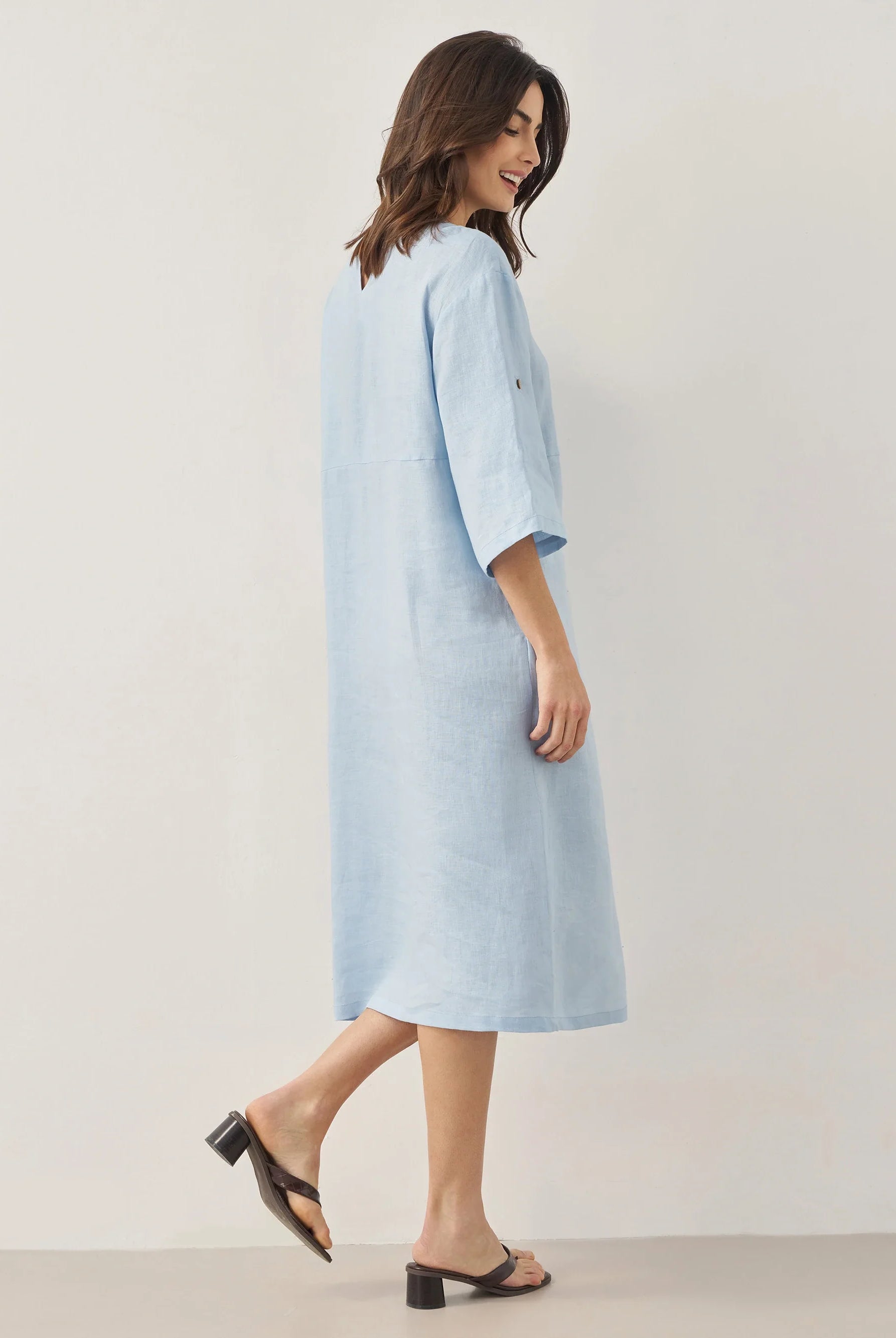 100% Linen Round Neck Button Detail Midi Dress JELENA - DRESSES-Linen