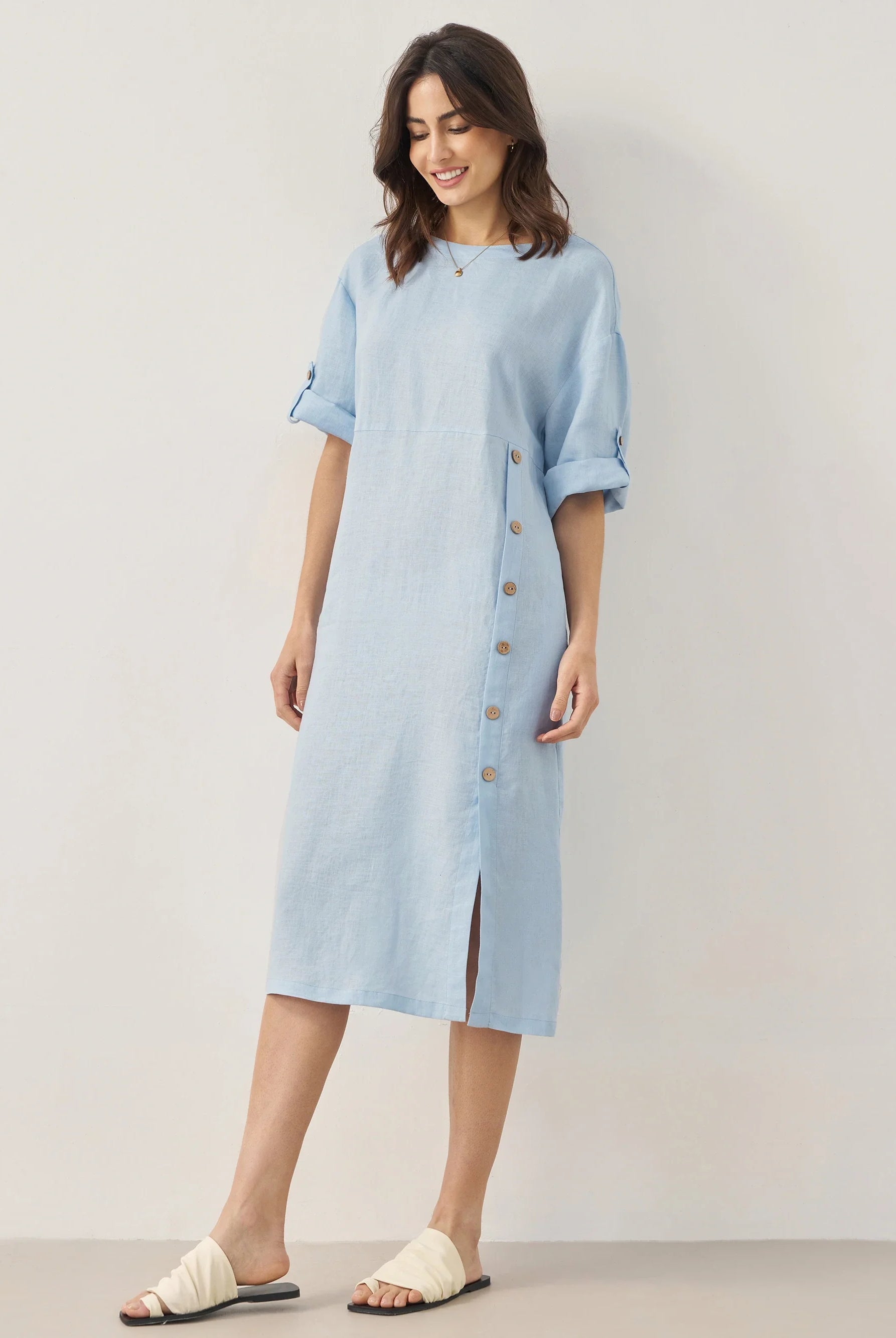 100% Linen Round Neck Button Detail Midi Dress JELENA - DRESSES-Linen