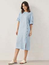 100% Linen Round Neck Button Detail Midi Dress JELENA - DRESSES-Linen