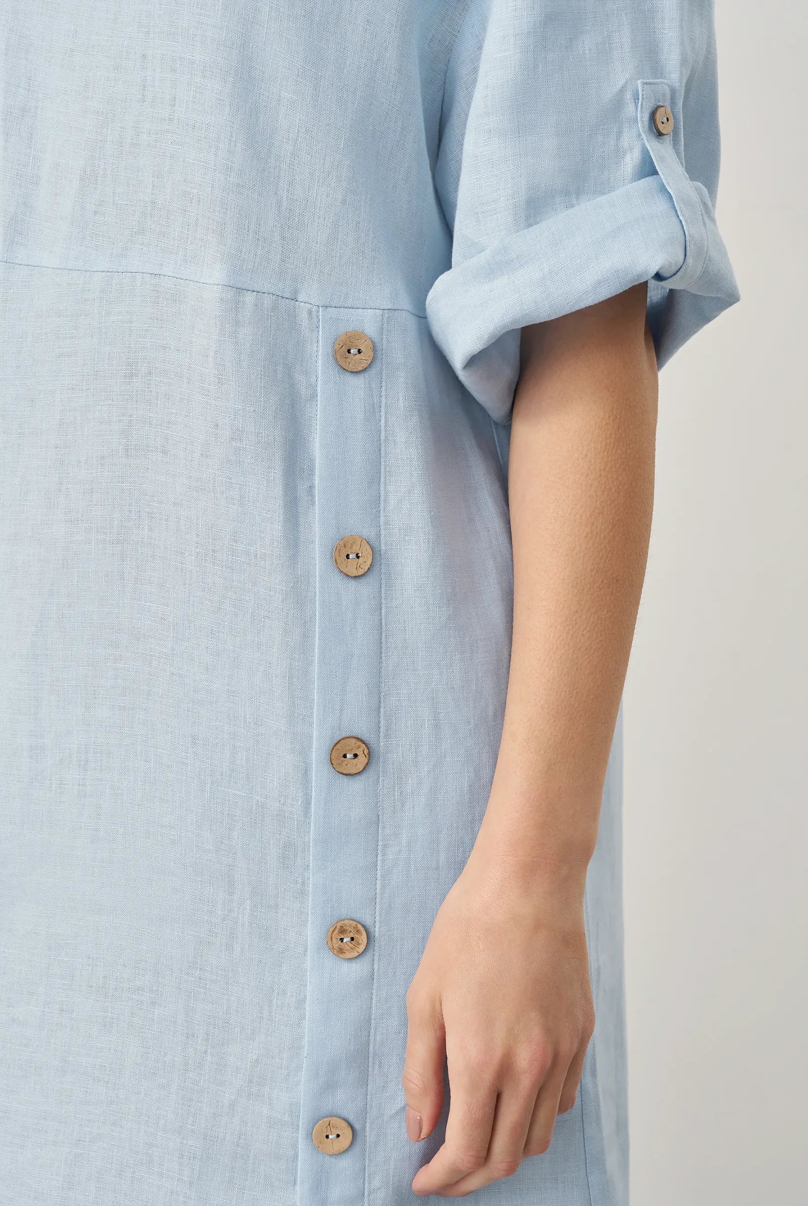 100% Linen Round Neck Button Detail Midi Dress JELENA - DRESSES-Linen