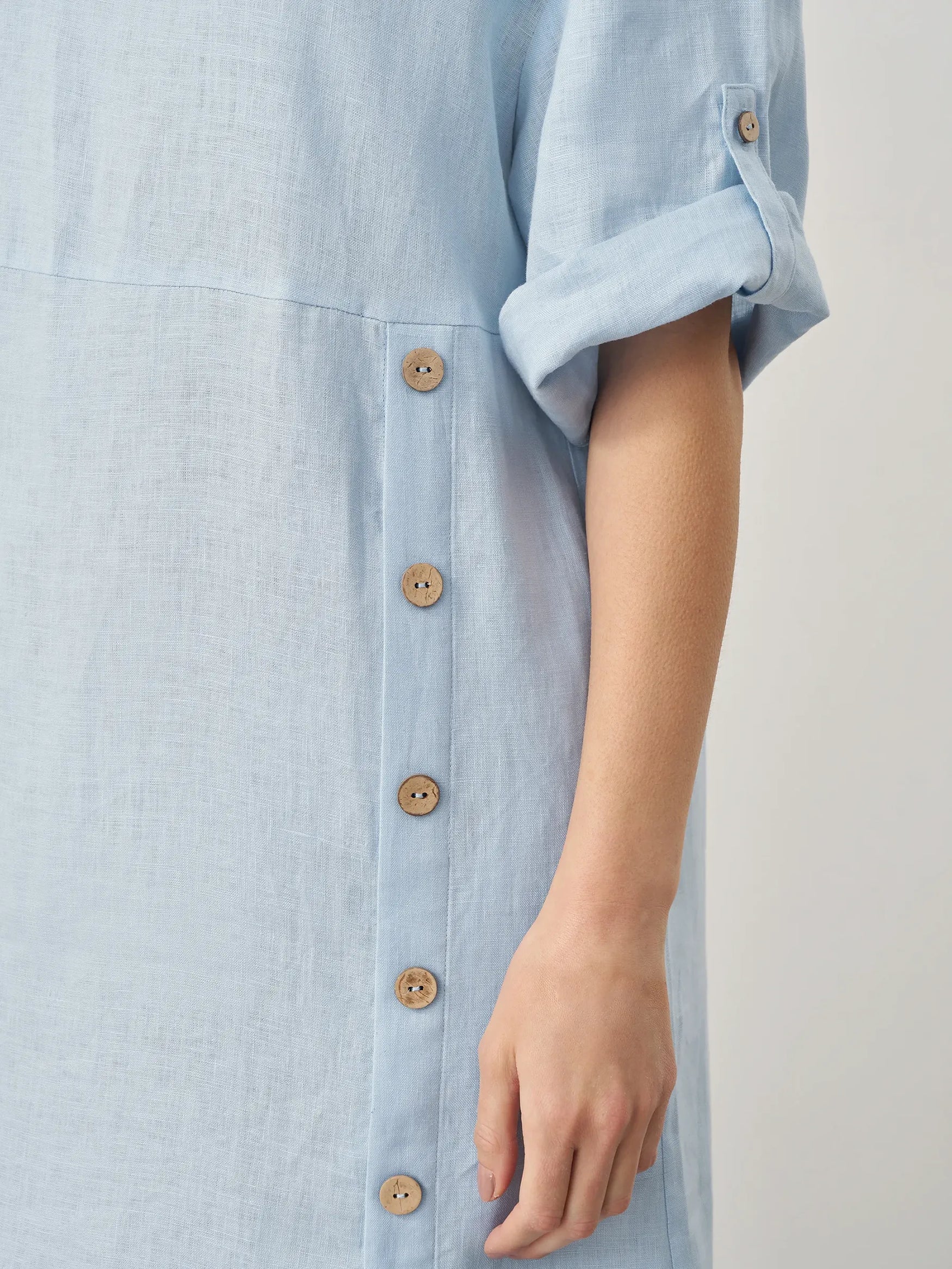100% Linen Round Neck Button Detail Midi Dress JELENA - DRESSES-Linen