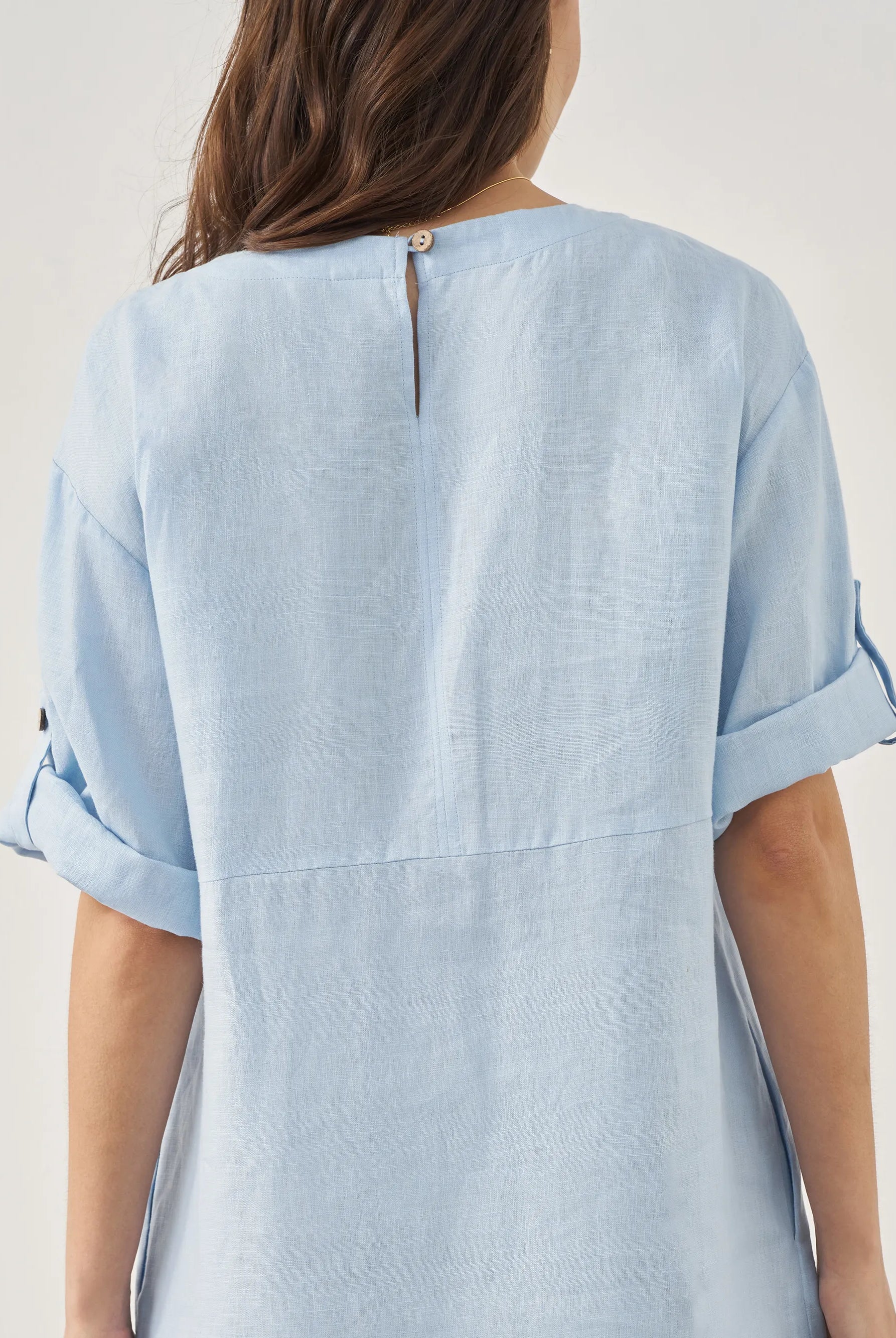 100% Linen Round Neck Button Detail Midi Dress JELENA - DRESSES-Linen