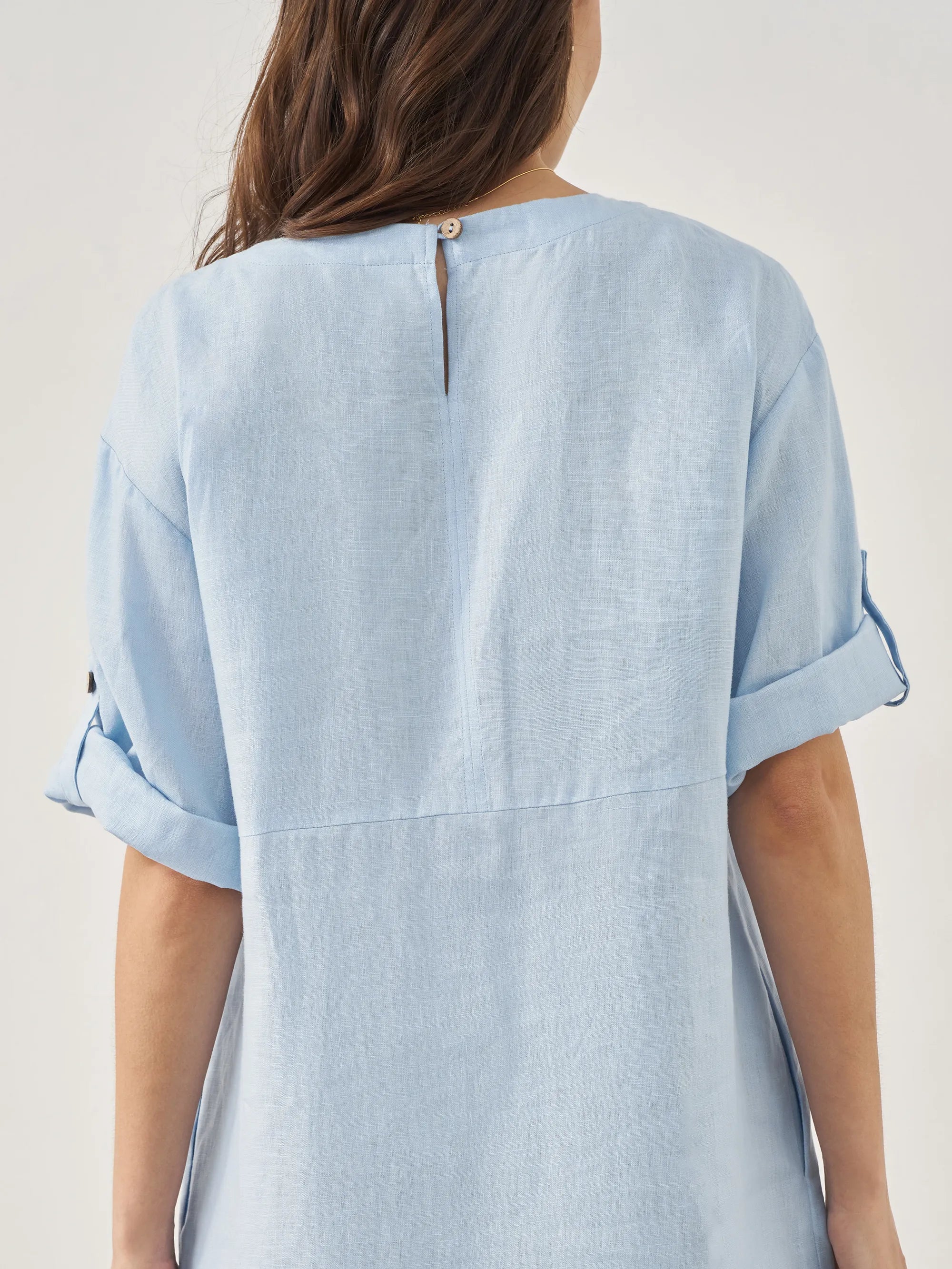 100% Linen Round Neck Button Detail Midi Dress JELENA - DRESSES-Linen