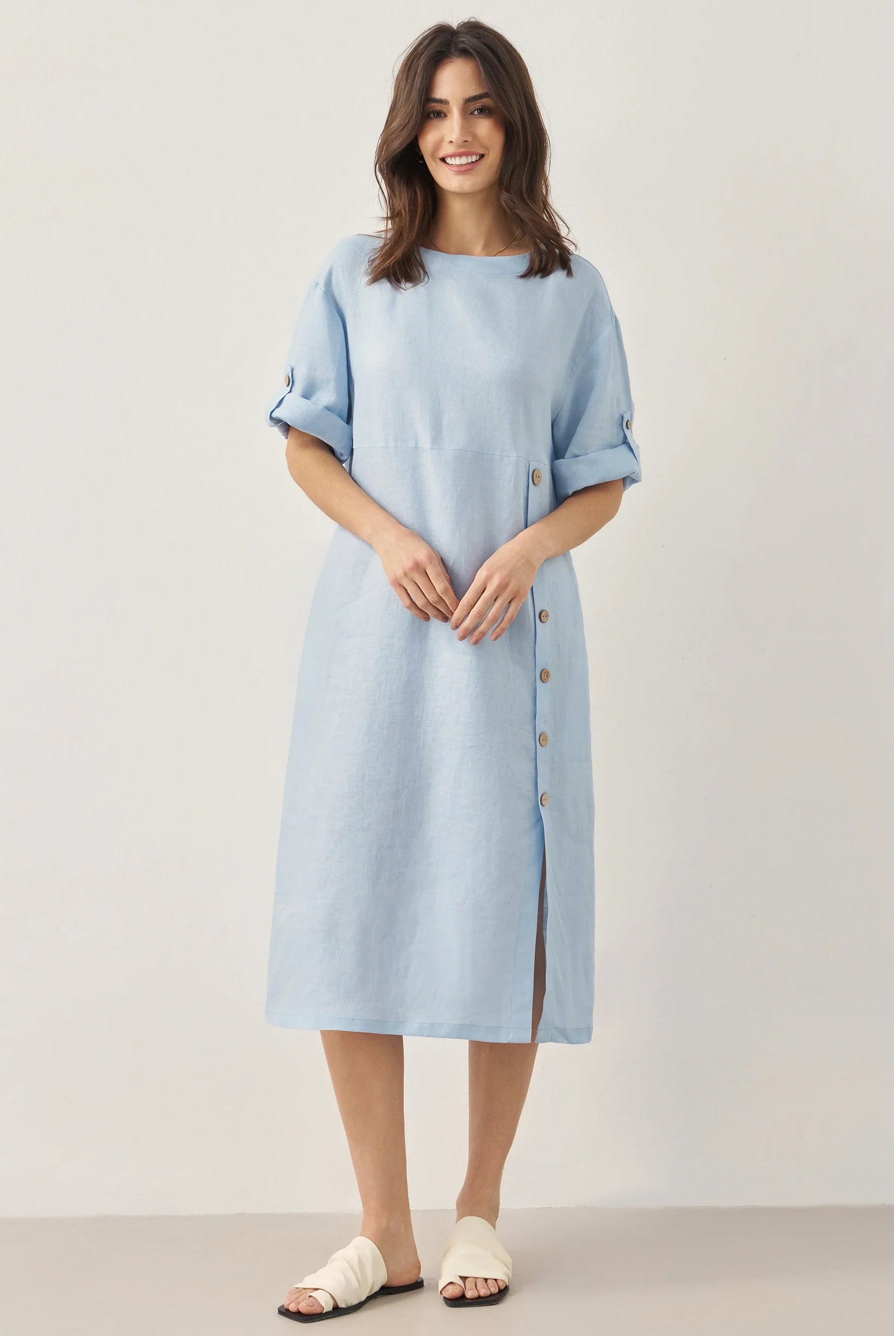 100% Linen Round Neck Button Detail Midi Dress JELENA - DRESSES-Linen