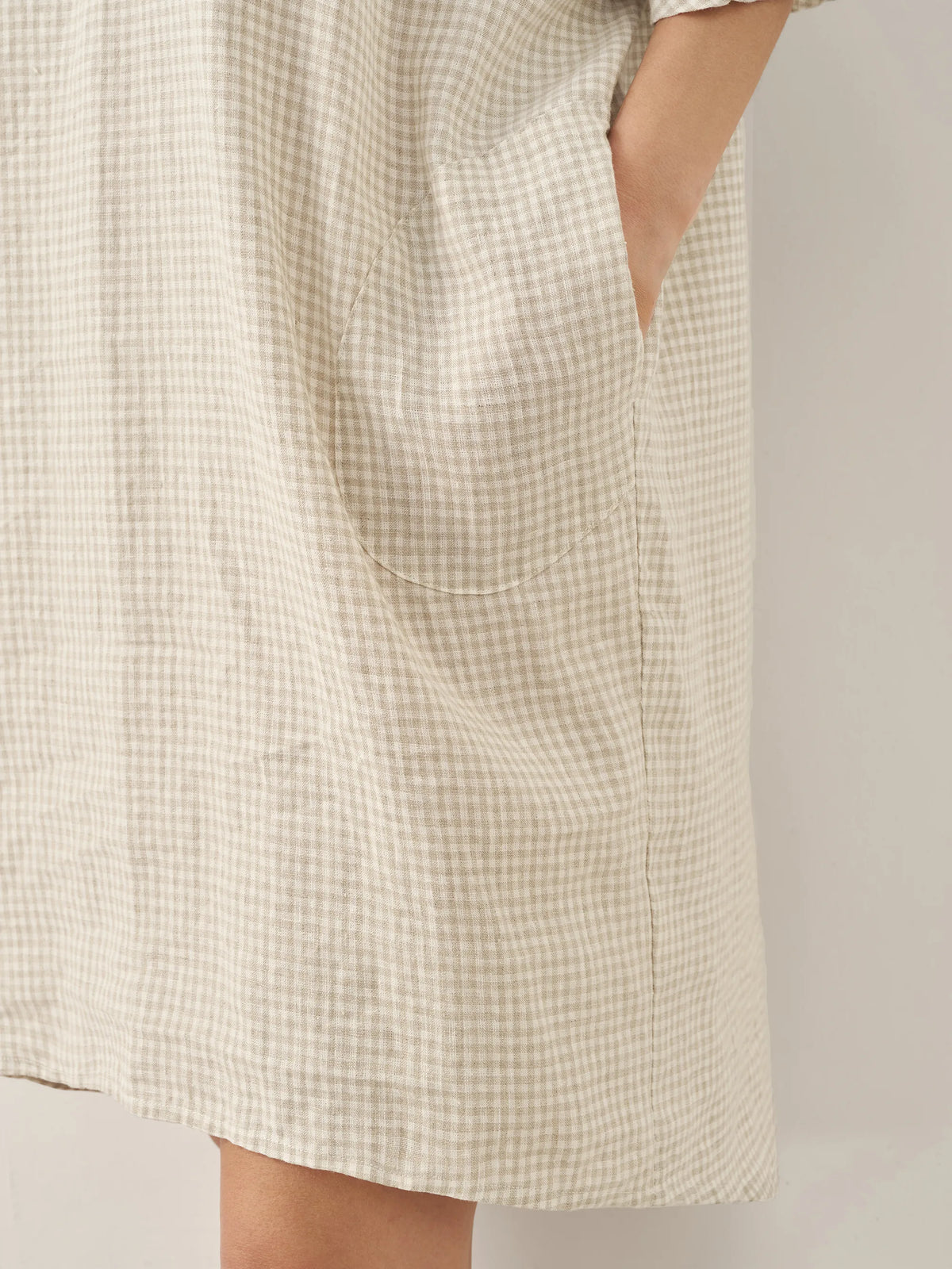 100% Linen Gingham V-Neck Oversized Midi Dress LORIN - DRESSES-Linen