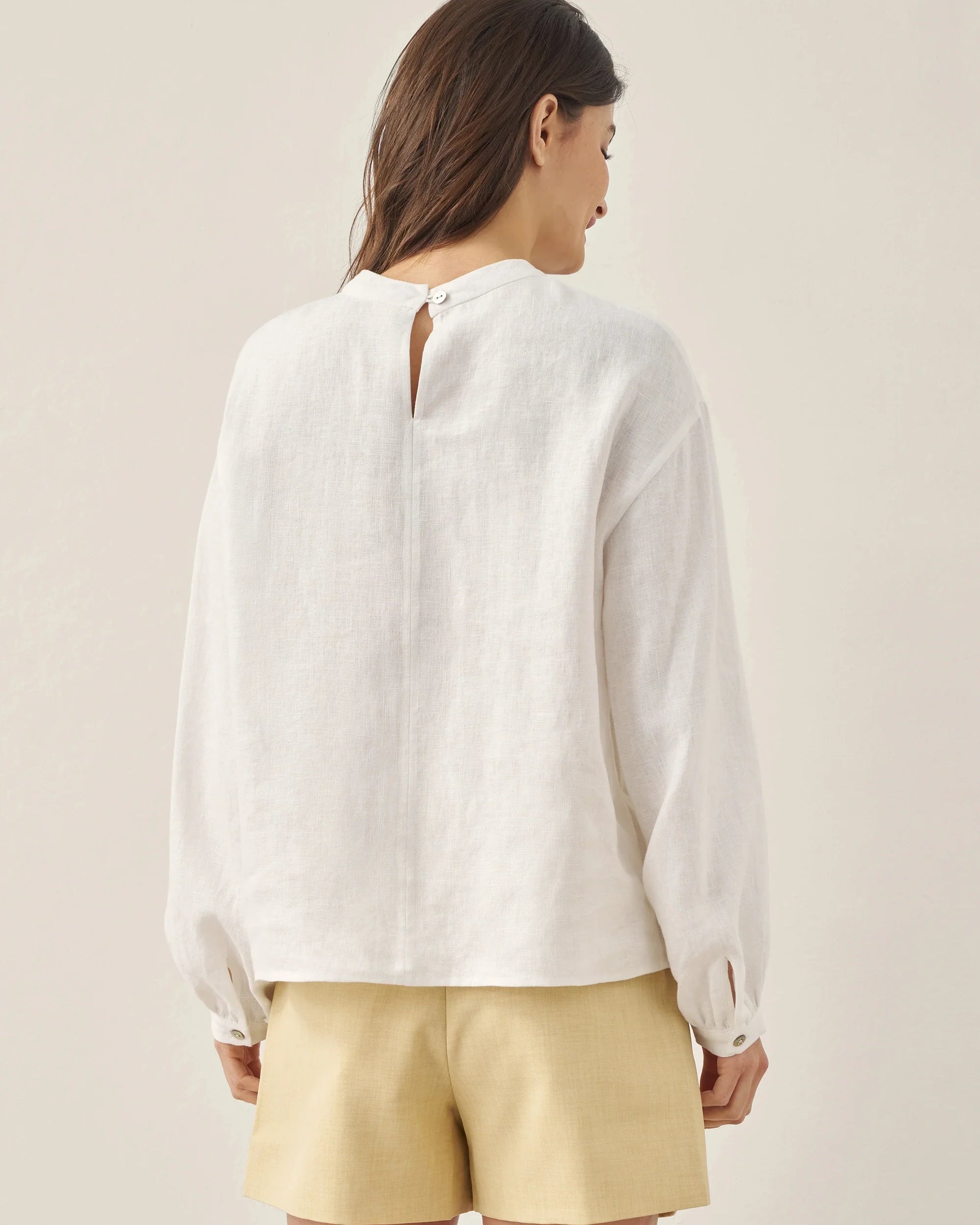100% Linen Mock Neck Long-Sleeve Top - TOPS-Linen Blouses